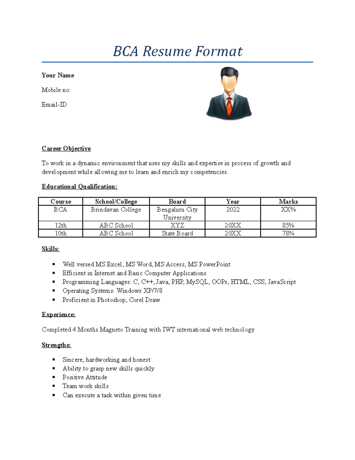 resume samples for bca freshers