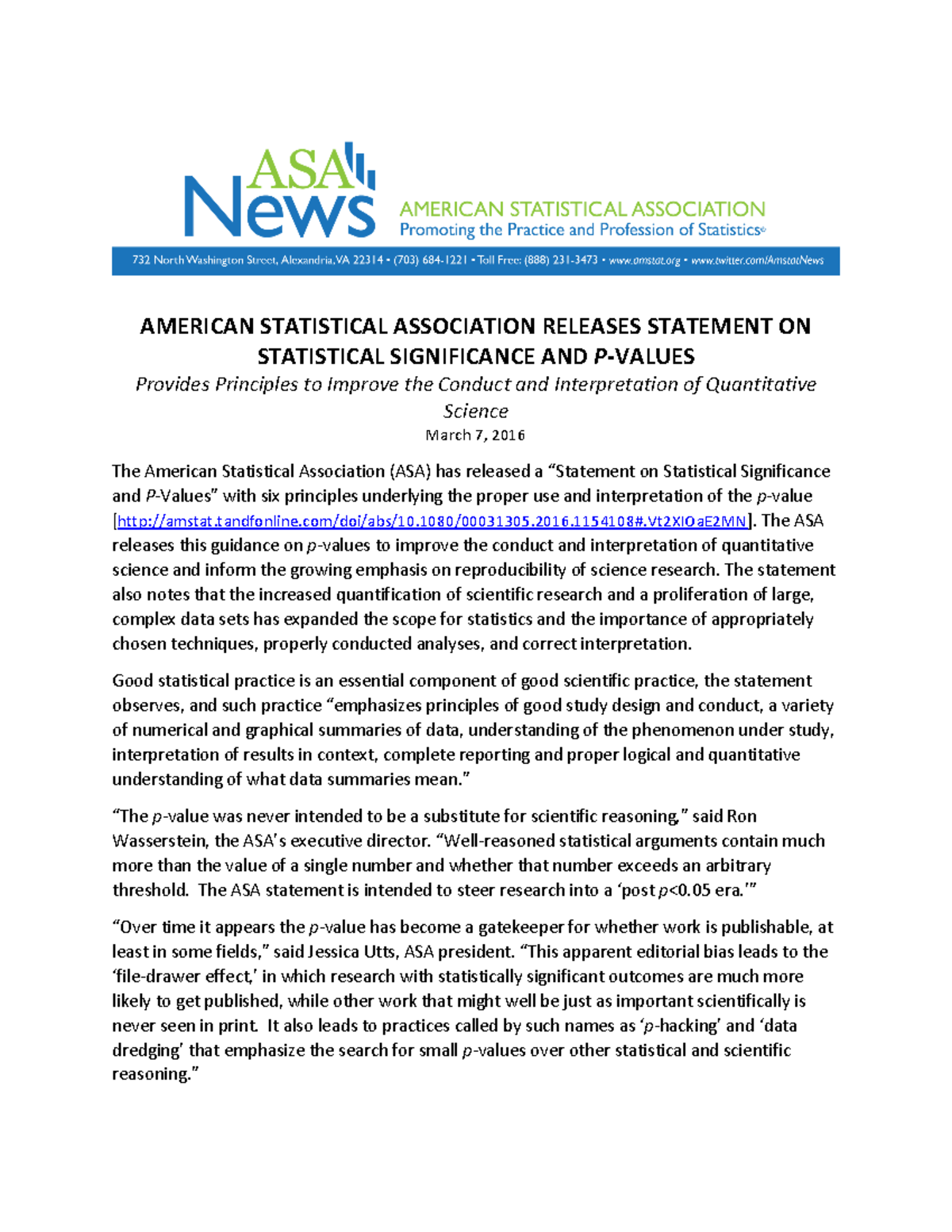 P-Value Statement - Dr. Nicoleta Serban - AMERICAN STATISTICAL ...