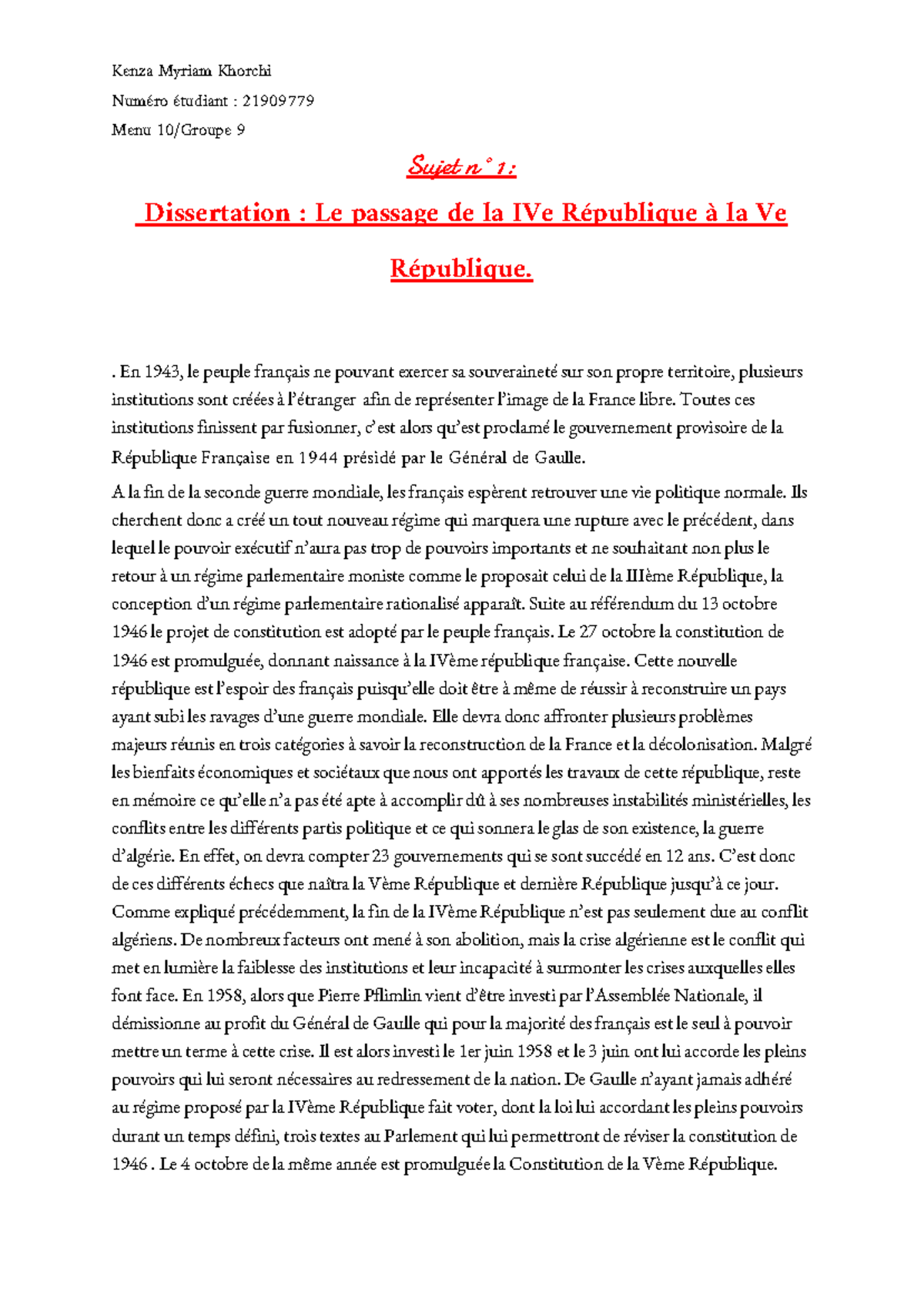 Le Parlement Sous La 5ème République Dissertation Droit Constit Passage de la 5ème à la 4ème République - Kenza Myriam  Khorchi Numéro étudiant : - Studocu
