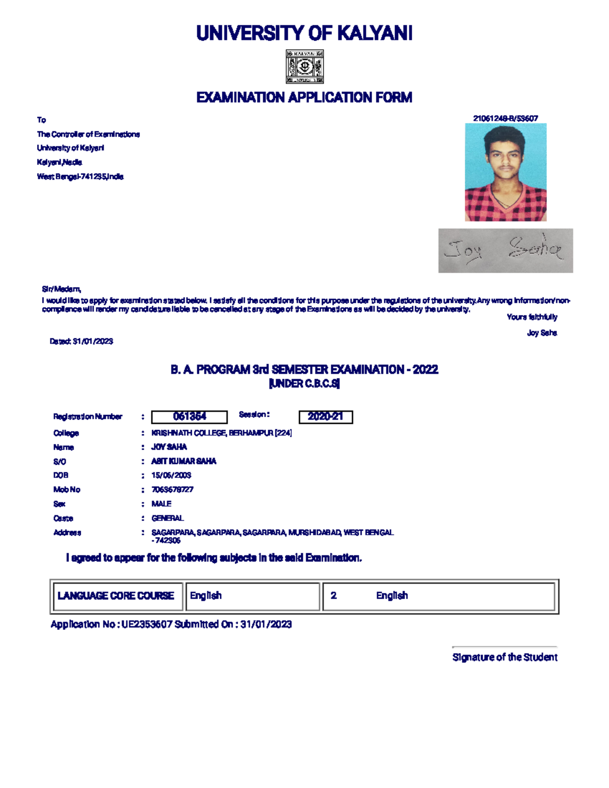 3RD SEM EXAM. FORM FILL UP 2022 - 061354 Session : 2020- Signature of ...