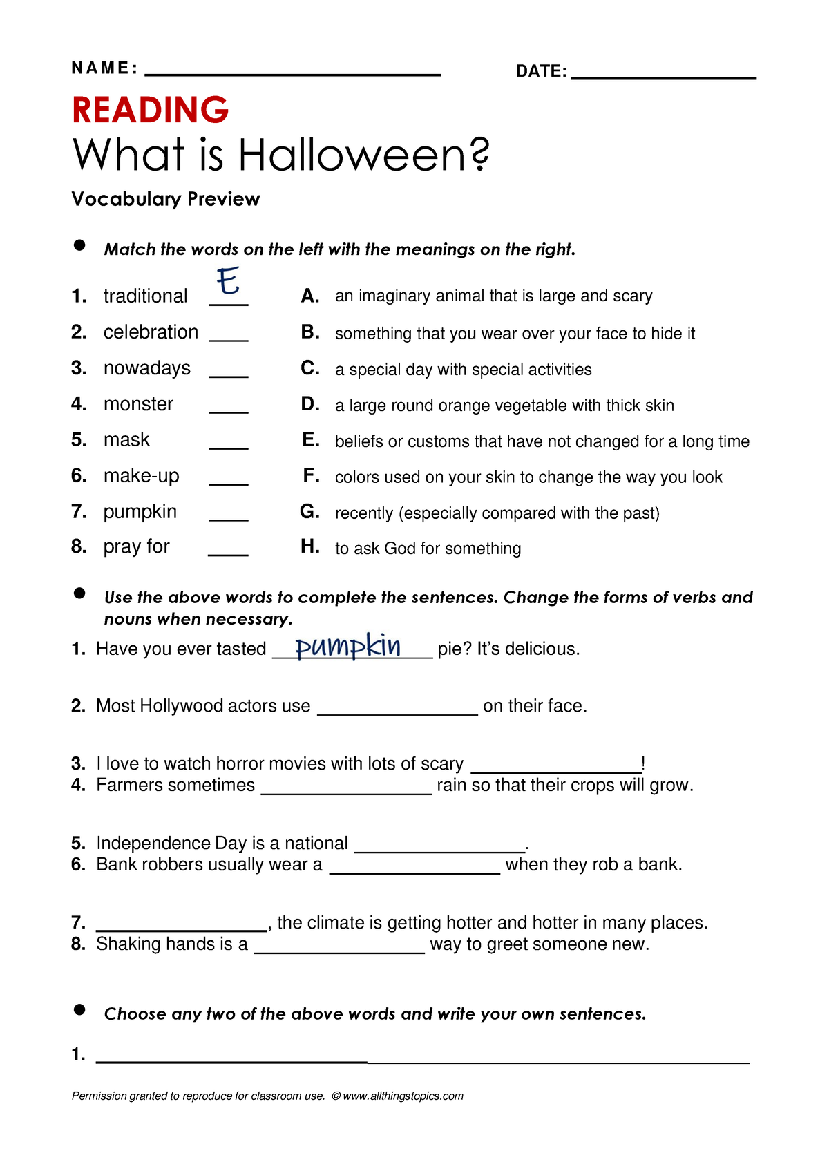 3110 Lesson Halloween - Permission granted to reproduce for classroom ...