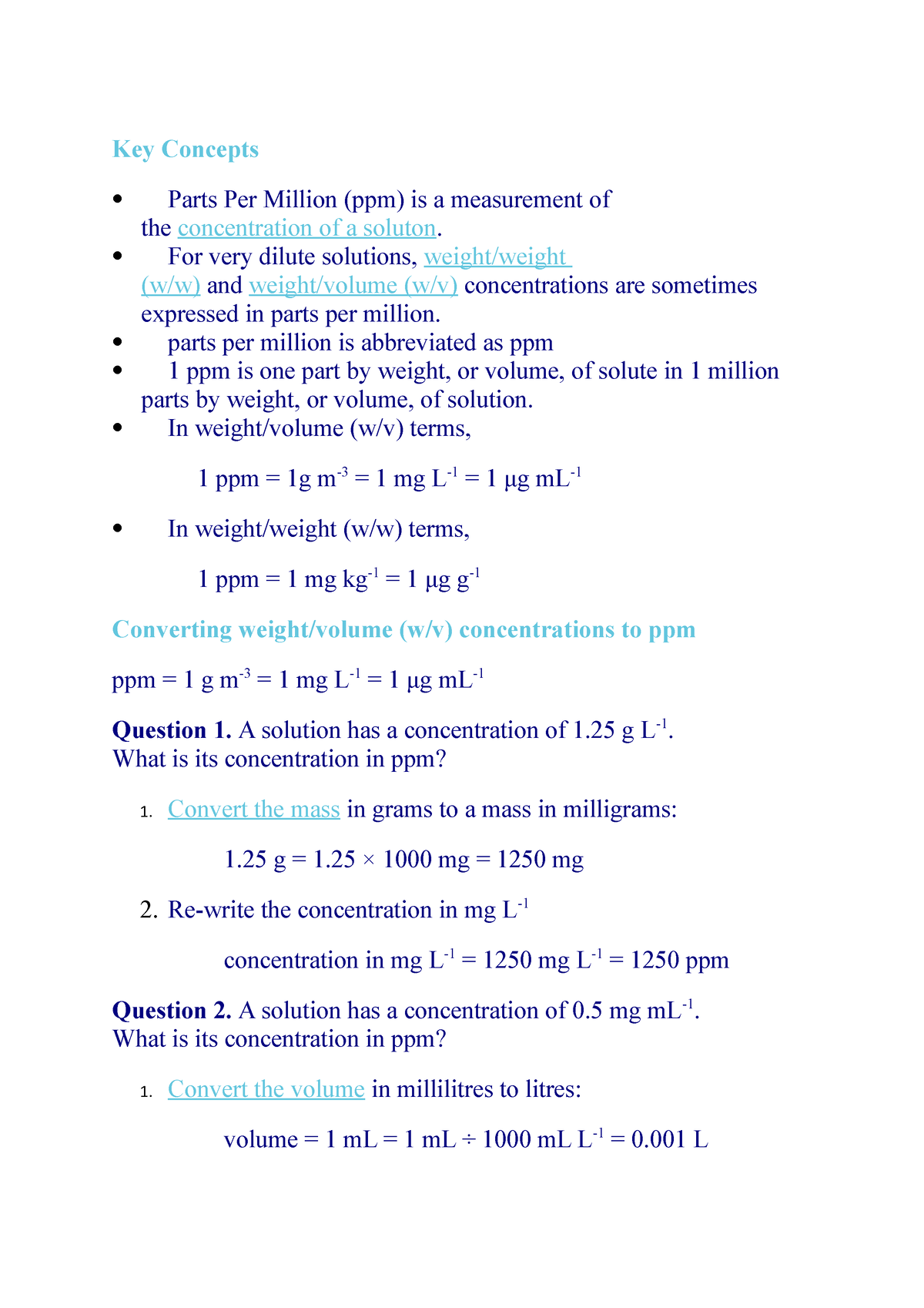 Ppm Calculation Key Concepts Parts Per Million Ppm Is A Measurement Of The Studocu