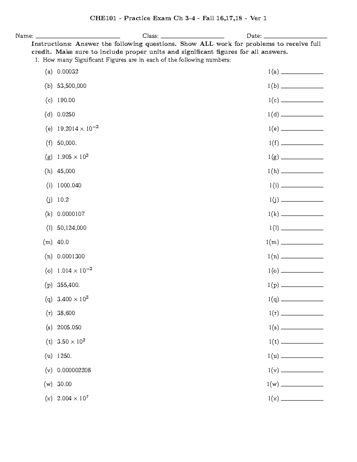 CHE101 study guide - CHE101 - Practice Exam Ch 3-4 - Fall 16,17,18 ...