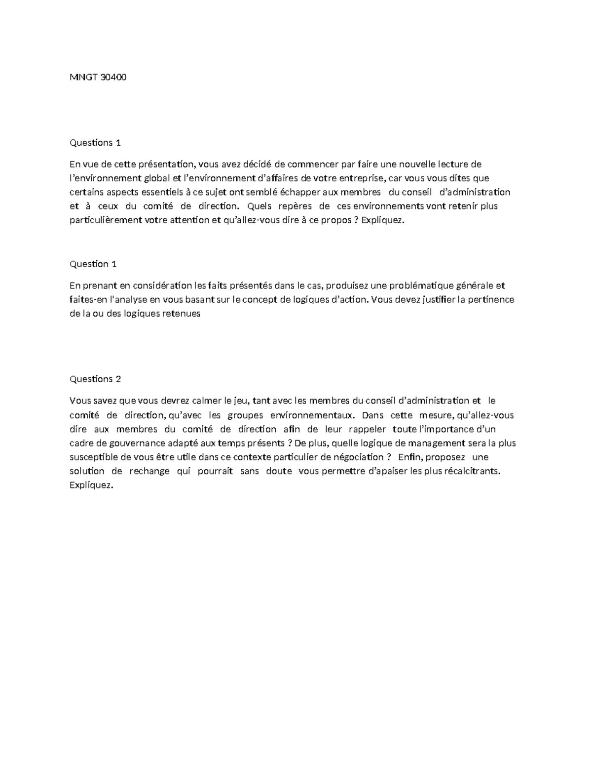 MNGT 30400 Examen - MNGT 30400 Questions 1 En Vue De Cette Présentation ...