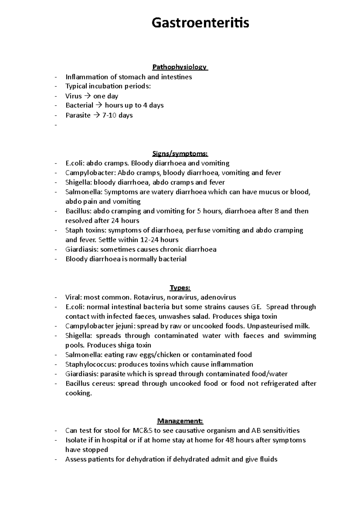 Gastroenteritis lecture notes - Pathophysiology Inflammation of stomach ...