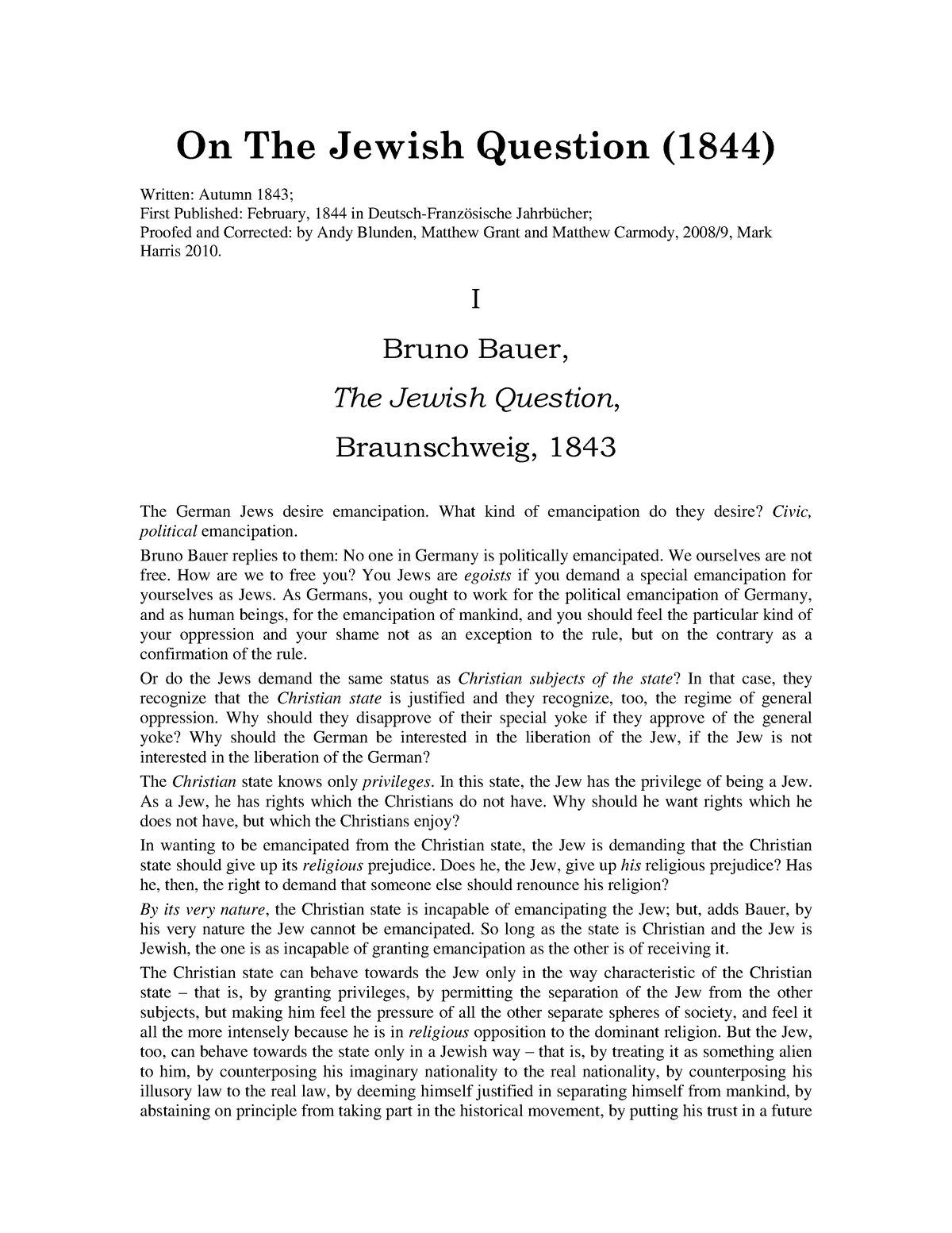 On The Jewish Question Reading Notes On The Jewish Question 1844