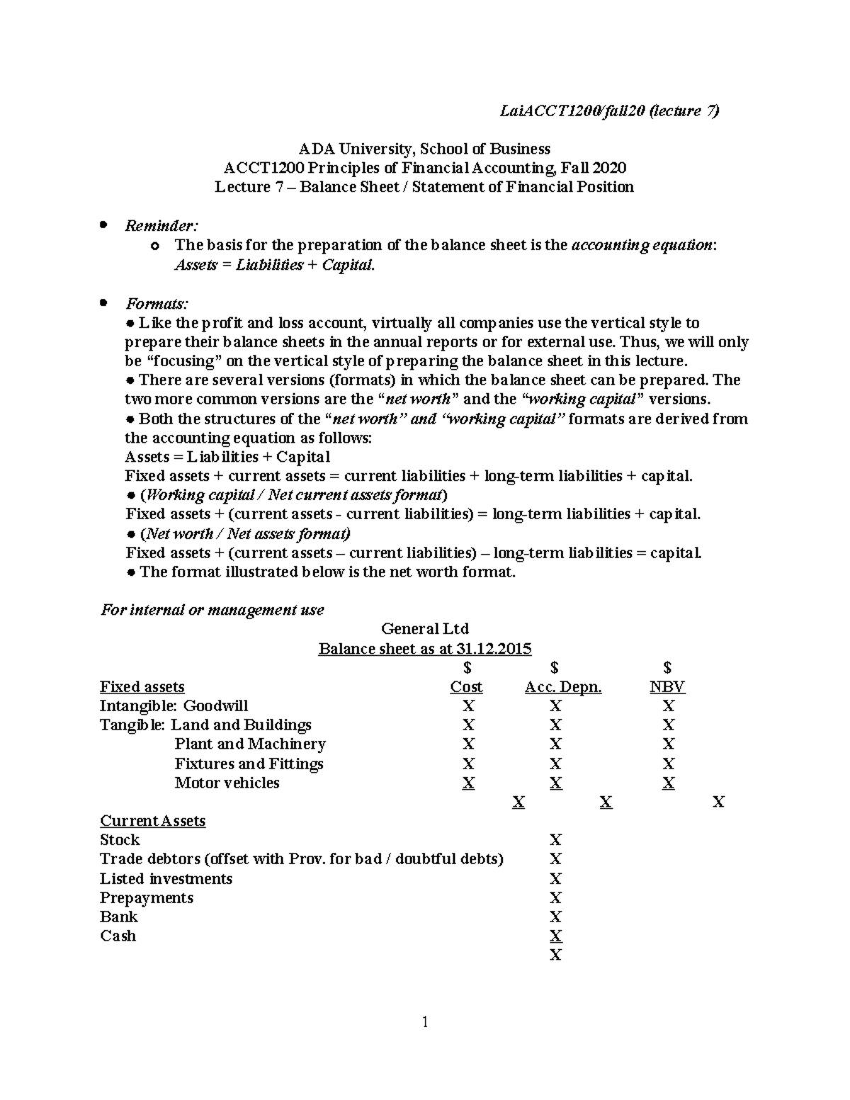 ACCT1200(Fall 20) Lecture & Tutorial 7 Balance Sheet - Financial ...