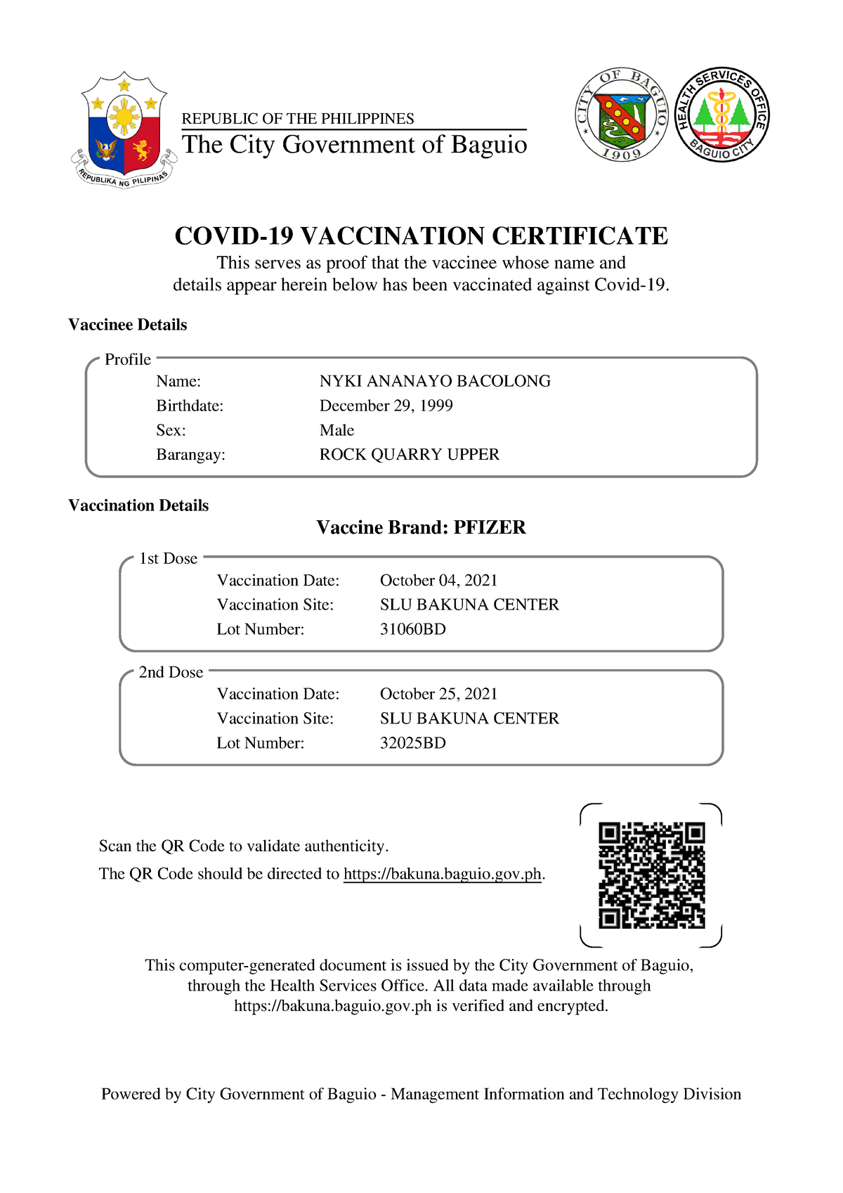 NYKI Bacolong C-19 Vac Cert - REPUBLIC OF THE PHILIPPINES The City ...