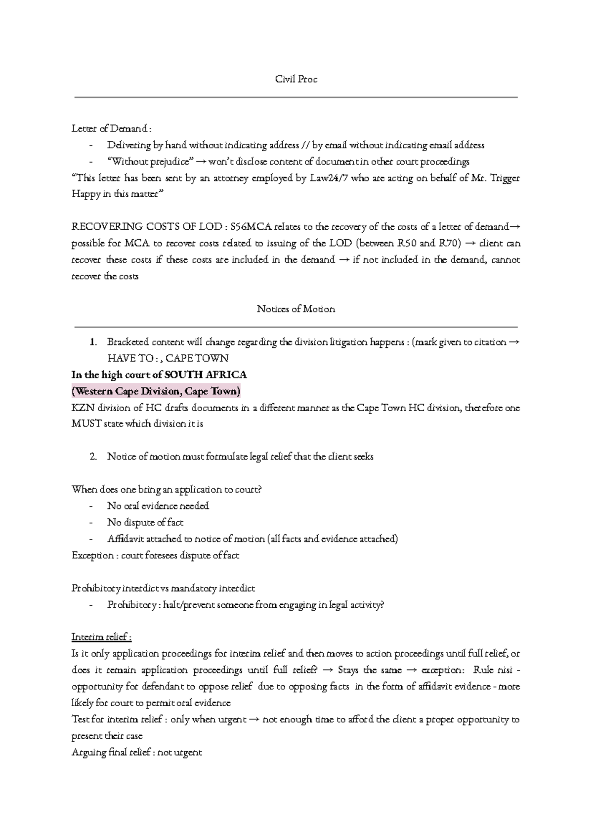 Civil Proc basic lecture notes - Civil Proc Letter of Demand ...
