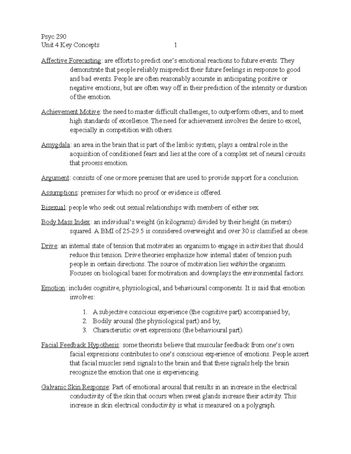 Unit 4 Key Concepts - Psyc 290 Unit 4 Key Concepts 1 Affective ...
