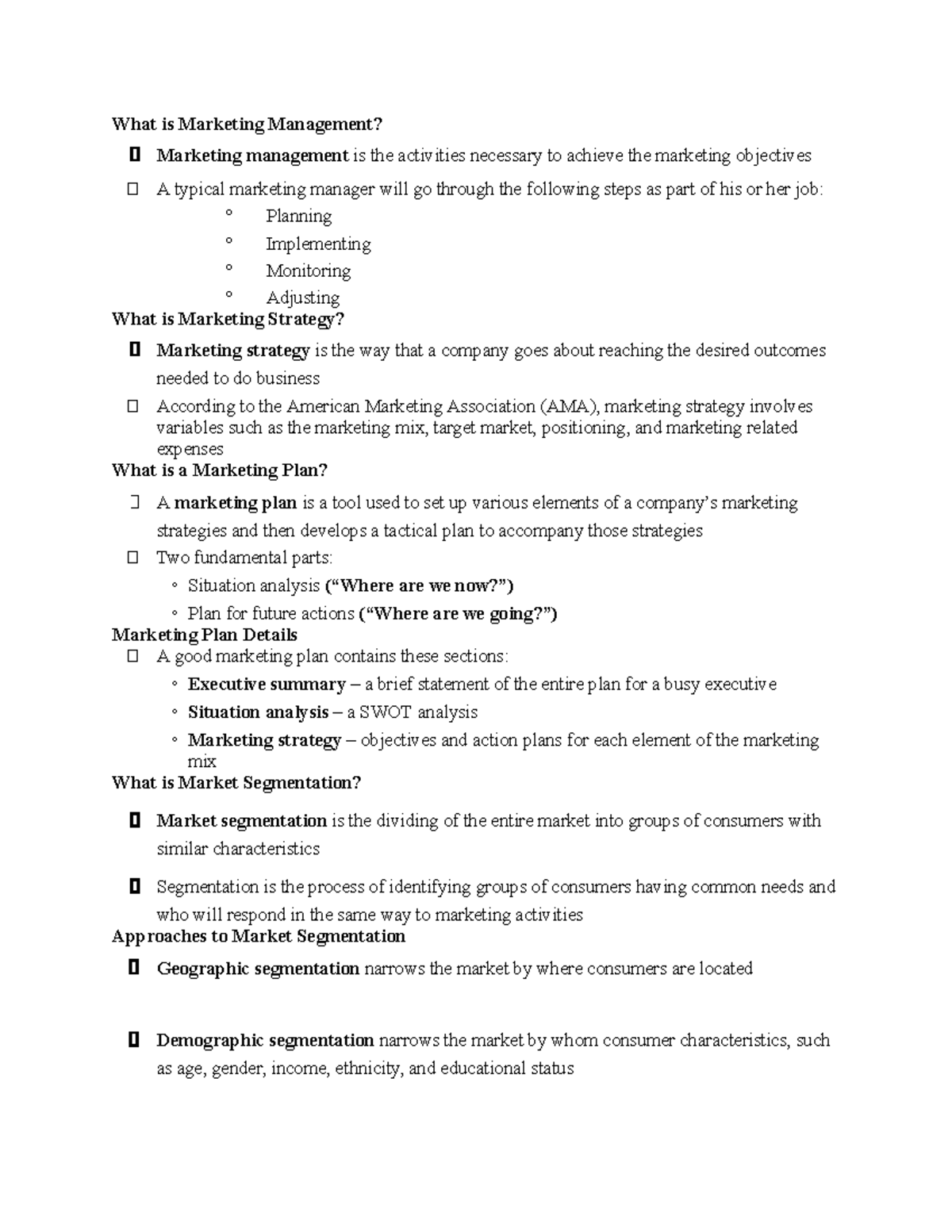 MKT315-ch. 4 Notes - What Is Marketing Management? ฀ Marketing ...