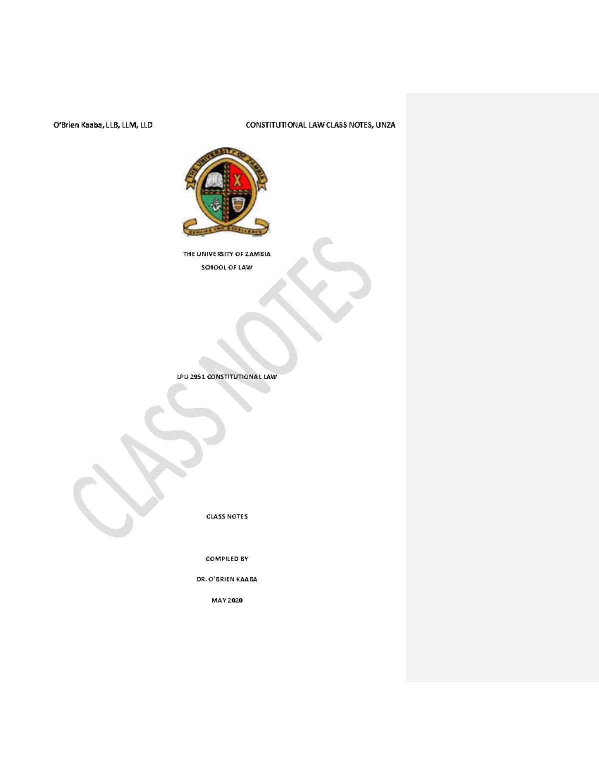 Consolidated Constitutional LAW Notes 2020 UNZA - THE UNIVERSITY OF ...