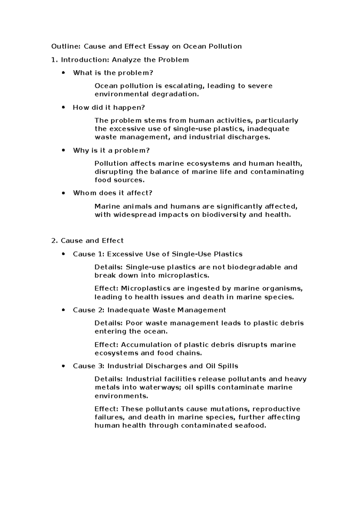 Outline writing 1 - Outline: Cause and Effect Essay on Ocean Pollution ...
