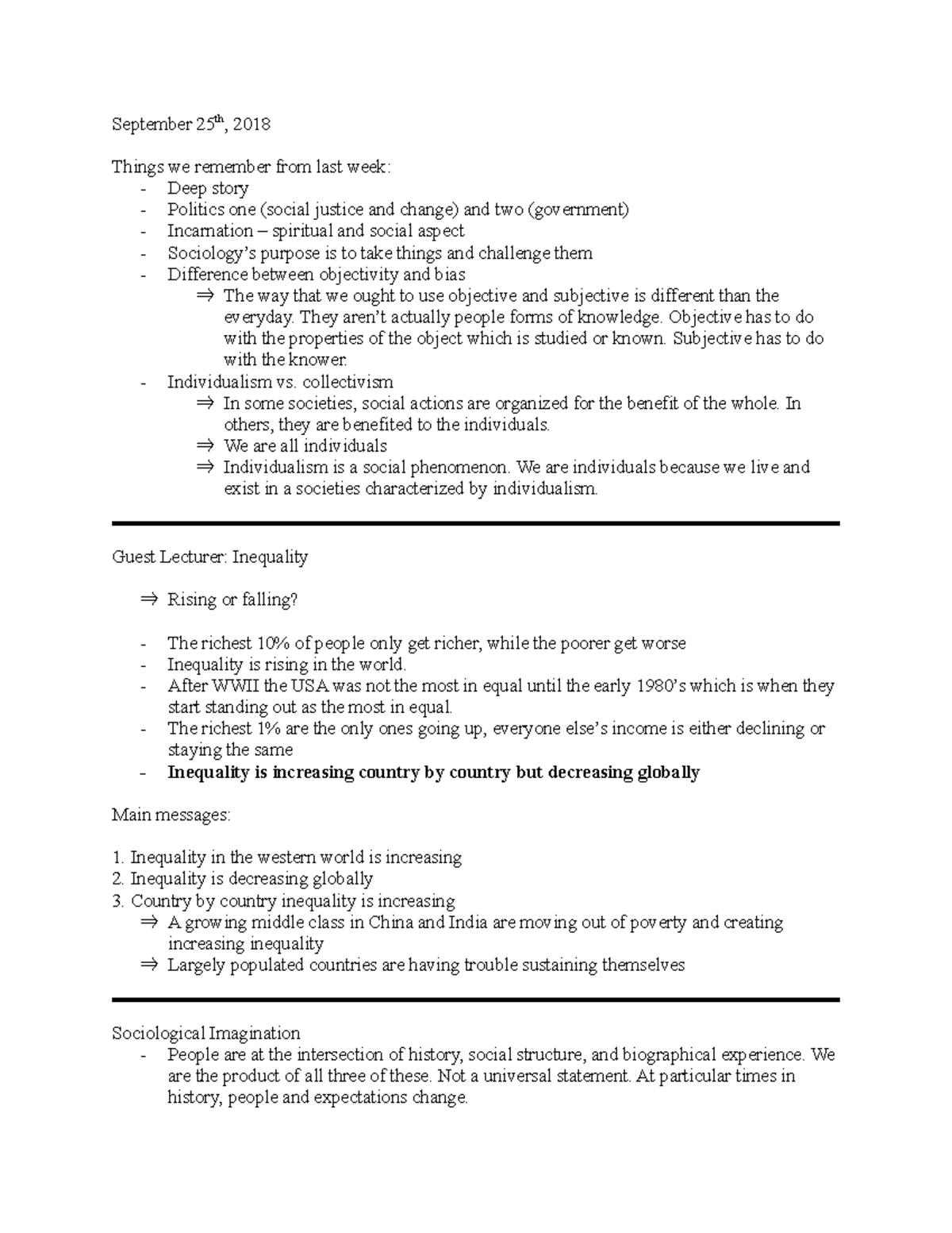 SOCI 1020 Week 3 Lecture Notes - 2018 - September 25th, 2018 Things we ...