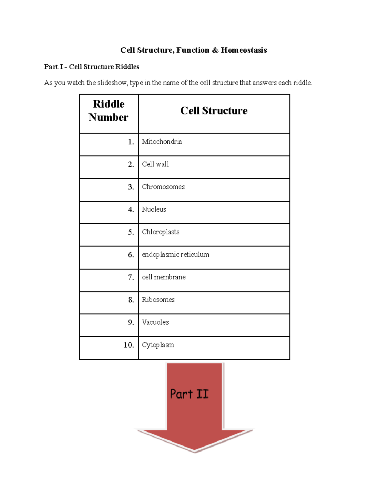 Copy of Cell Structures Worksheet - Cell Structure, Function ...