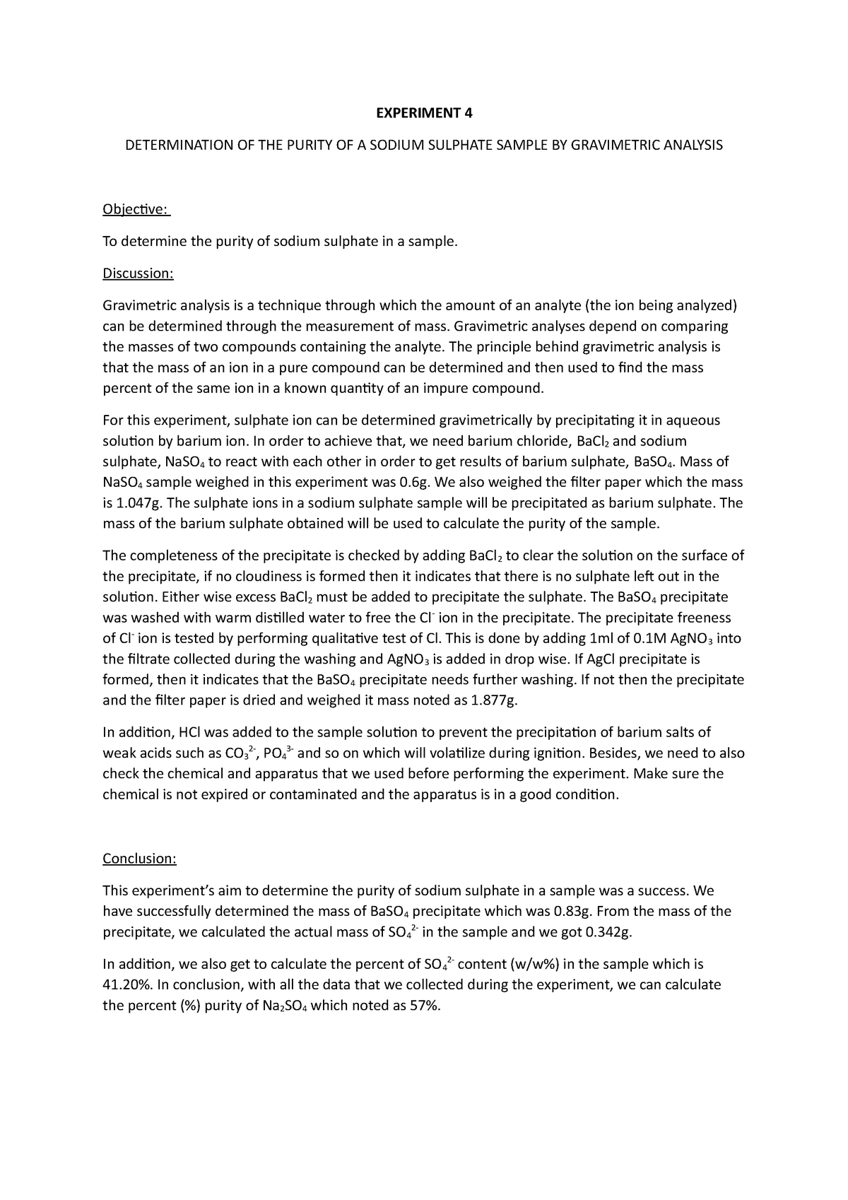 Determination OF THE Purity OF A Sodium Sulphate Sample BY Gravimetric ...