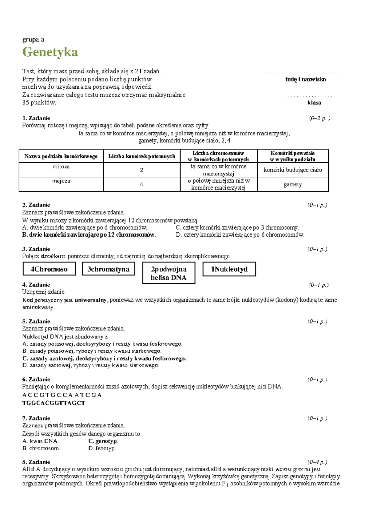 Genetyka - test A i B - grupa a Genetyka Test, który masz przed sobą