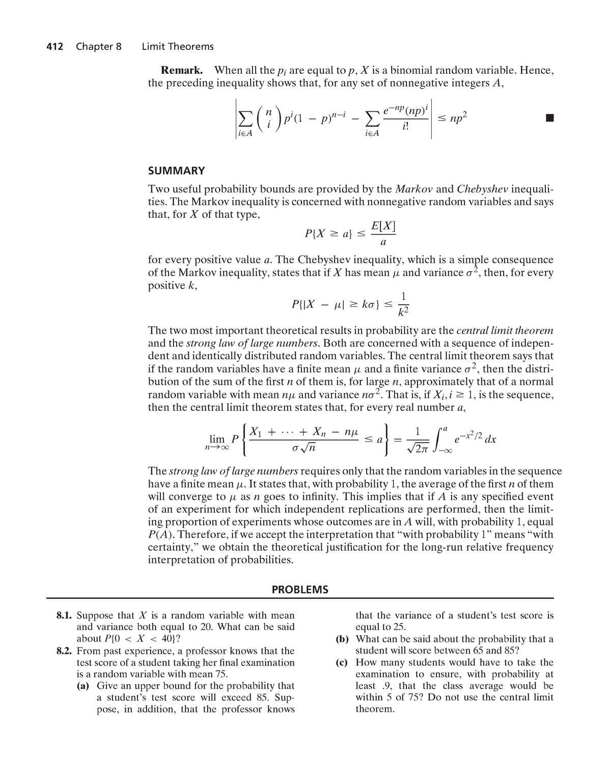 Applied Probability And Statistics Chapter 8 Exercises 412 Chapter 8 Limit Theorems Remark 