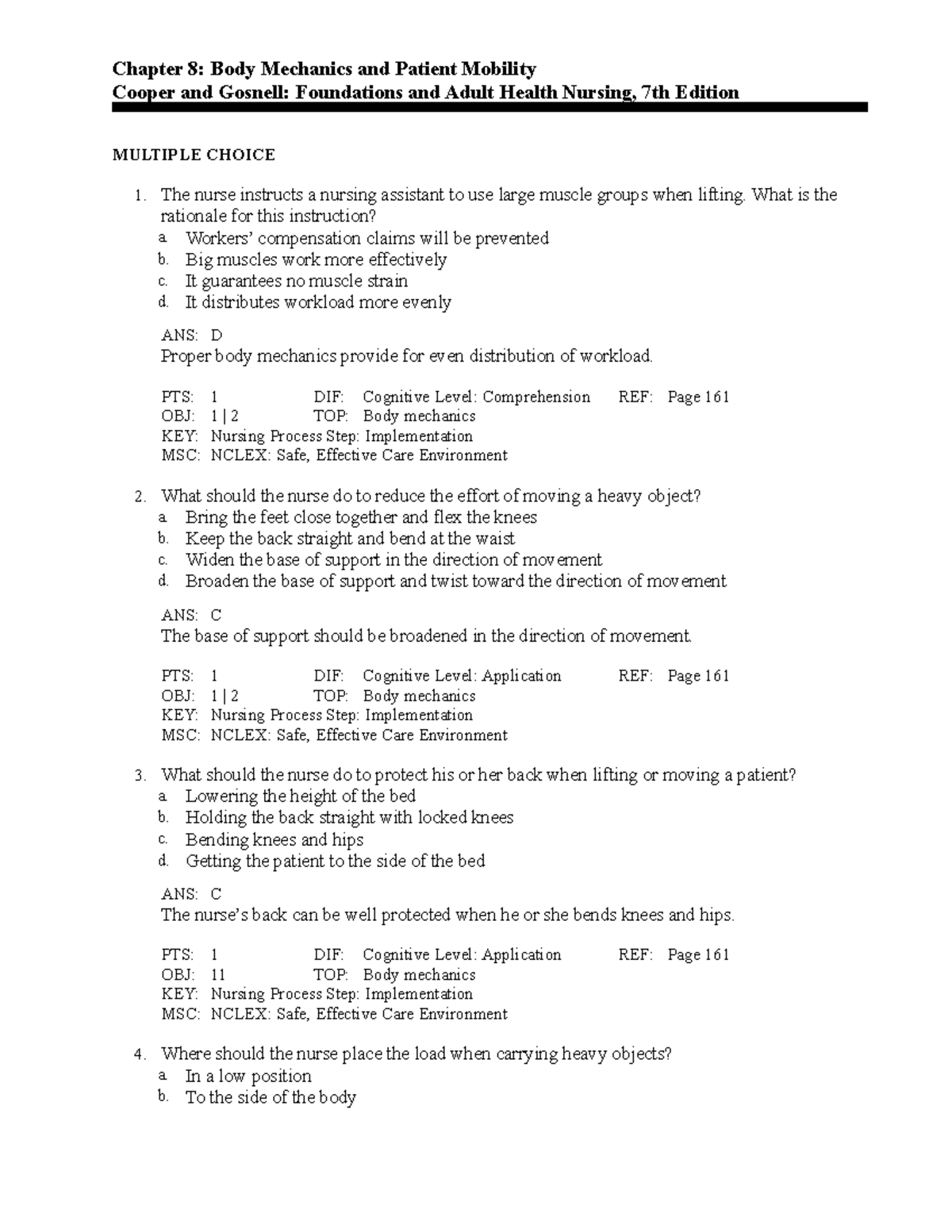 Ch 8 - Ch8 - Chapter 8: Body Mechanics And Patient Mobility Cooper And ...