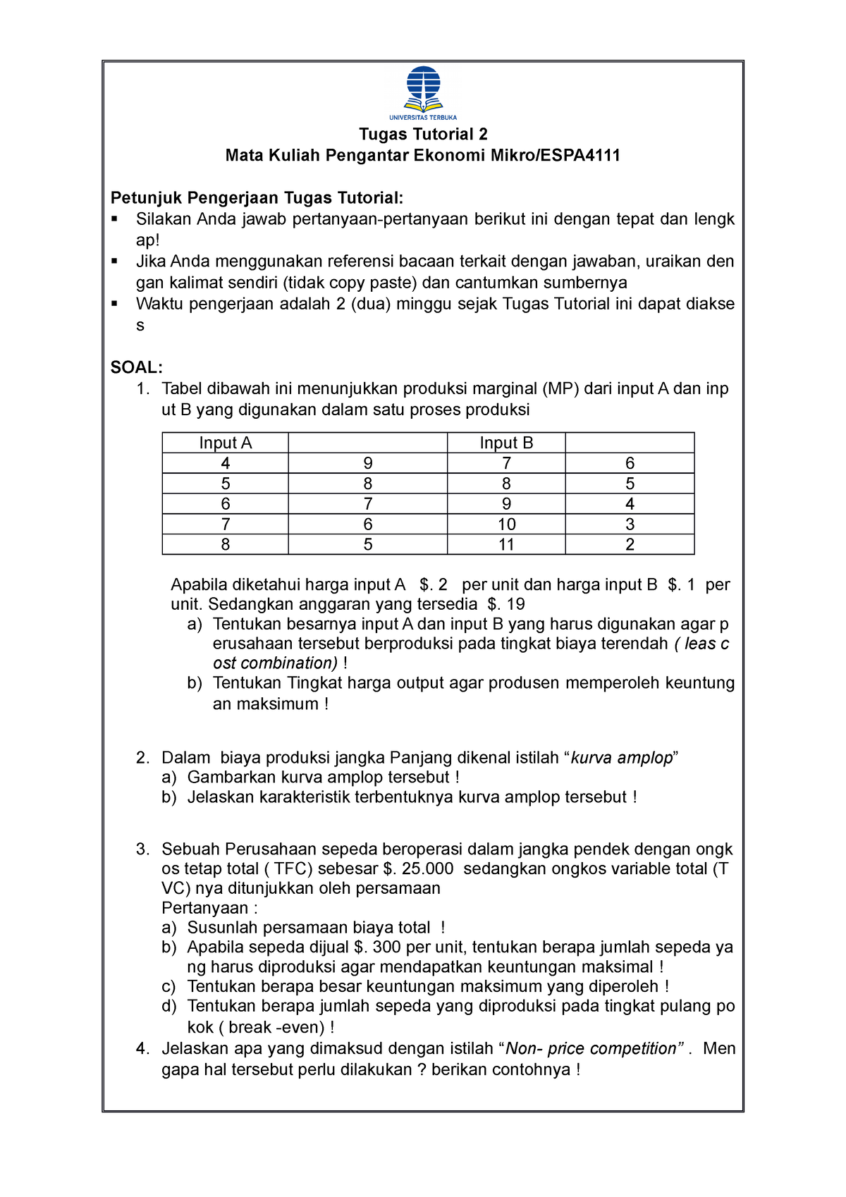 Tugas 2 Pengantar Ekonomi Mikro - Tugas Tutorial 2 Mata Kuliah ...