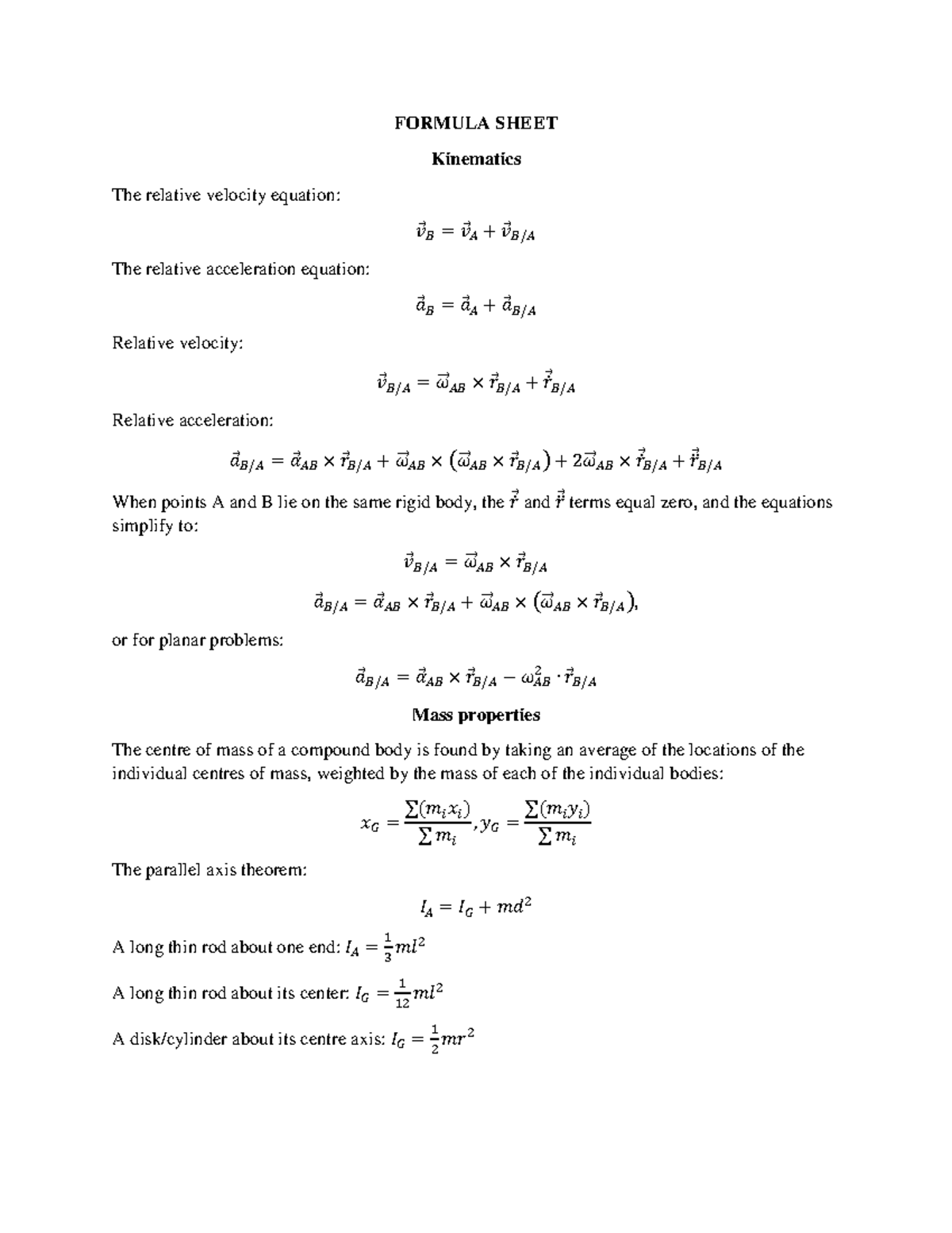 Formula Sheet Formula Sheet Kinematics The Relative Velocity Equation