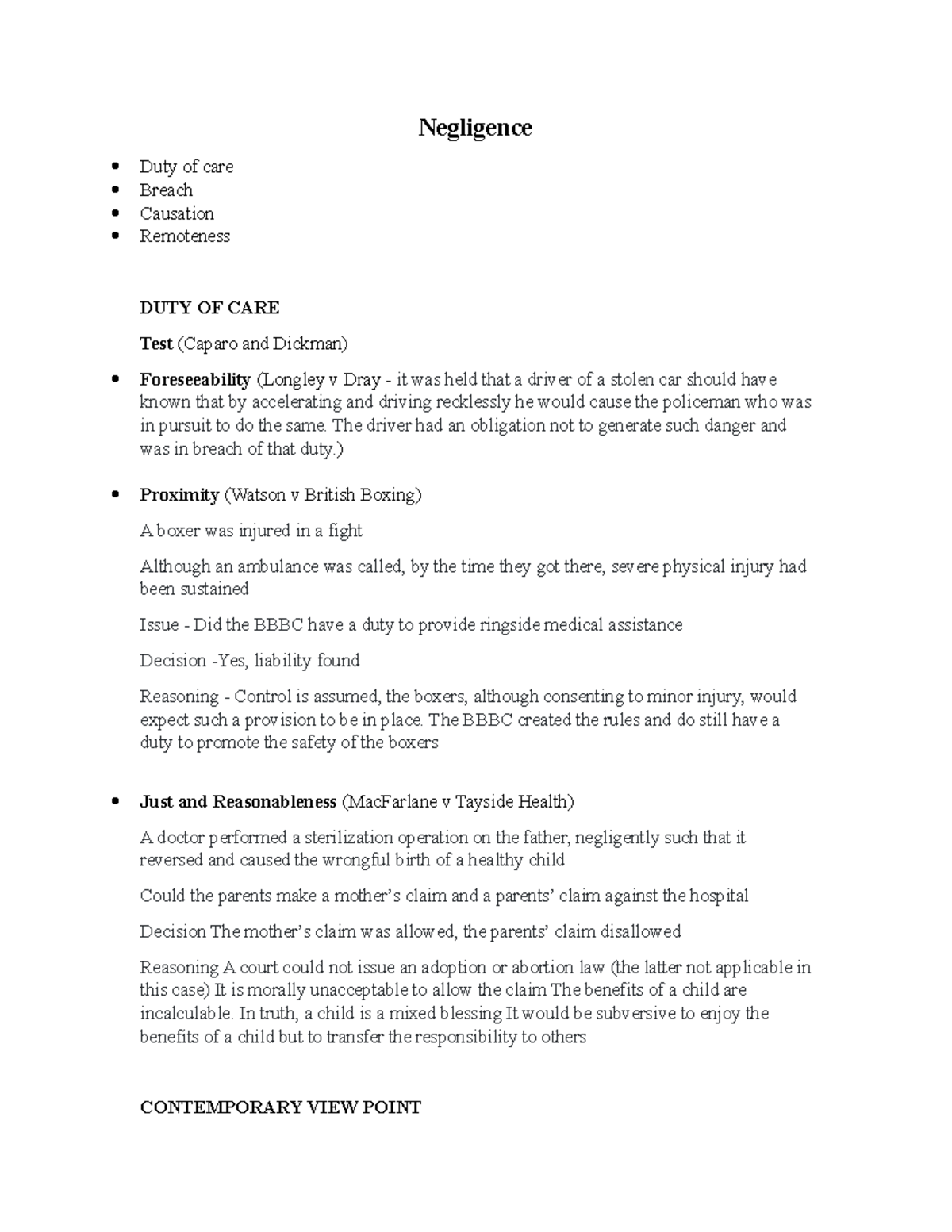 Tort Law Notes - Negligence Duty of care Breach Causation Remoteness ...