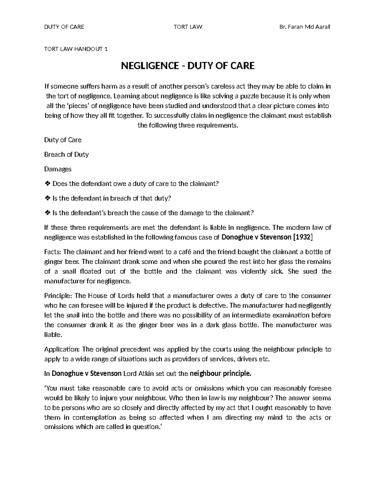 DUTY OF CARE Handout - TORT LAW HANDOUT 1 NEGLIGENCE - DUTY OF CARE If ...