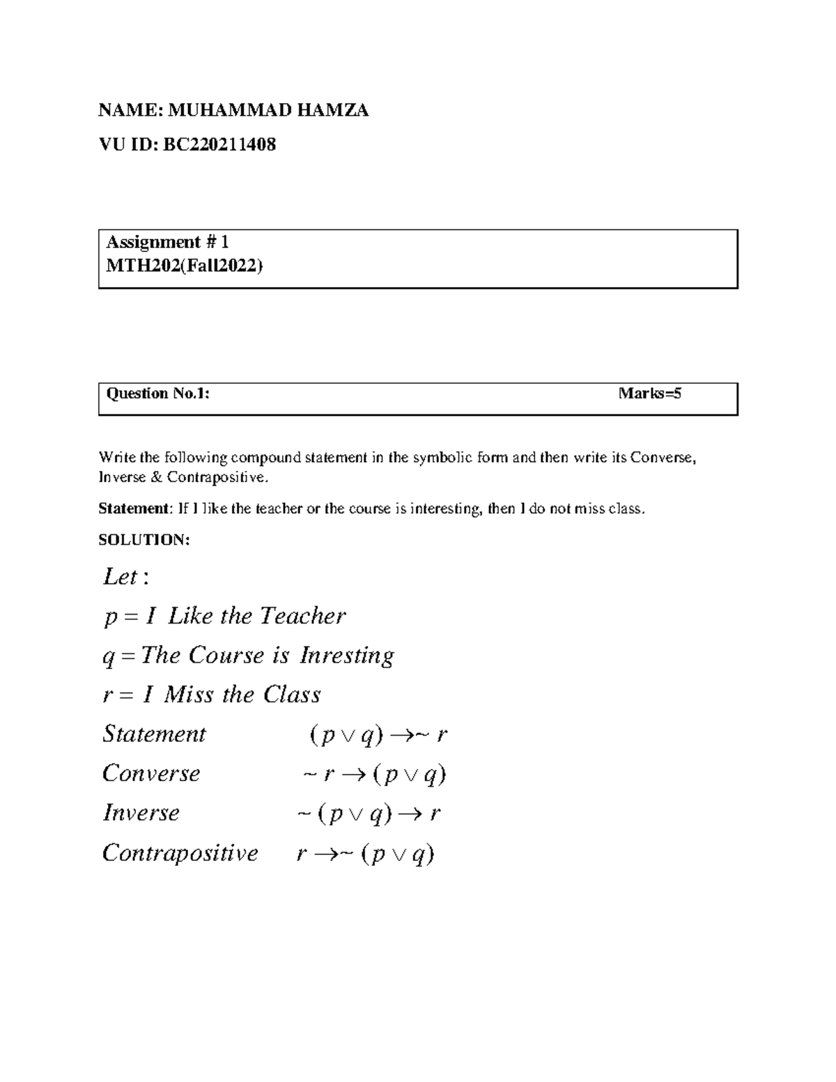 Assignment #01 MTH202 - NAME: MUHAMMAD HAMZA VU ID: BC Assignment # 1 ...