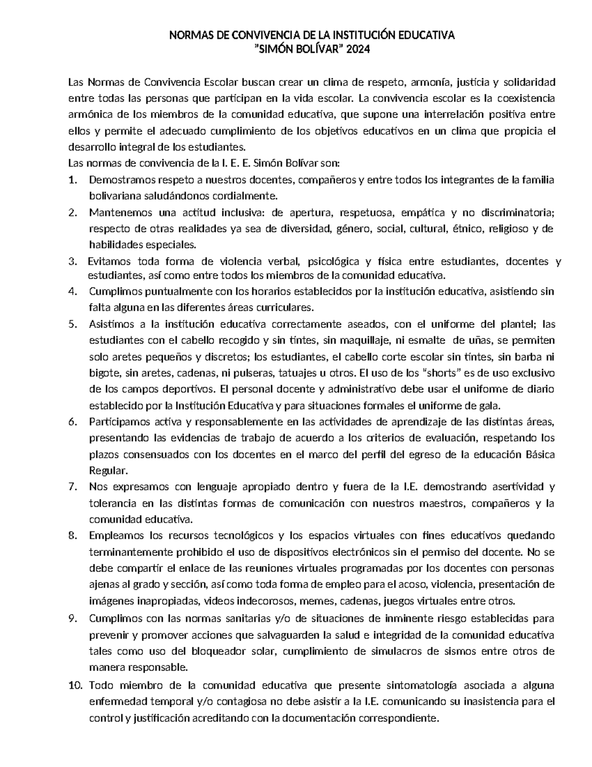 Normas DE Convivencia 2024 - NORMAS DE CONVIVENCIA DE LA INSTITUCIÓN ...