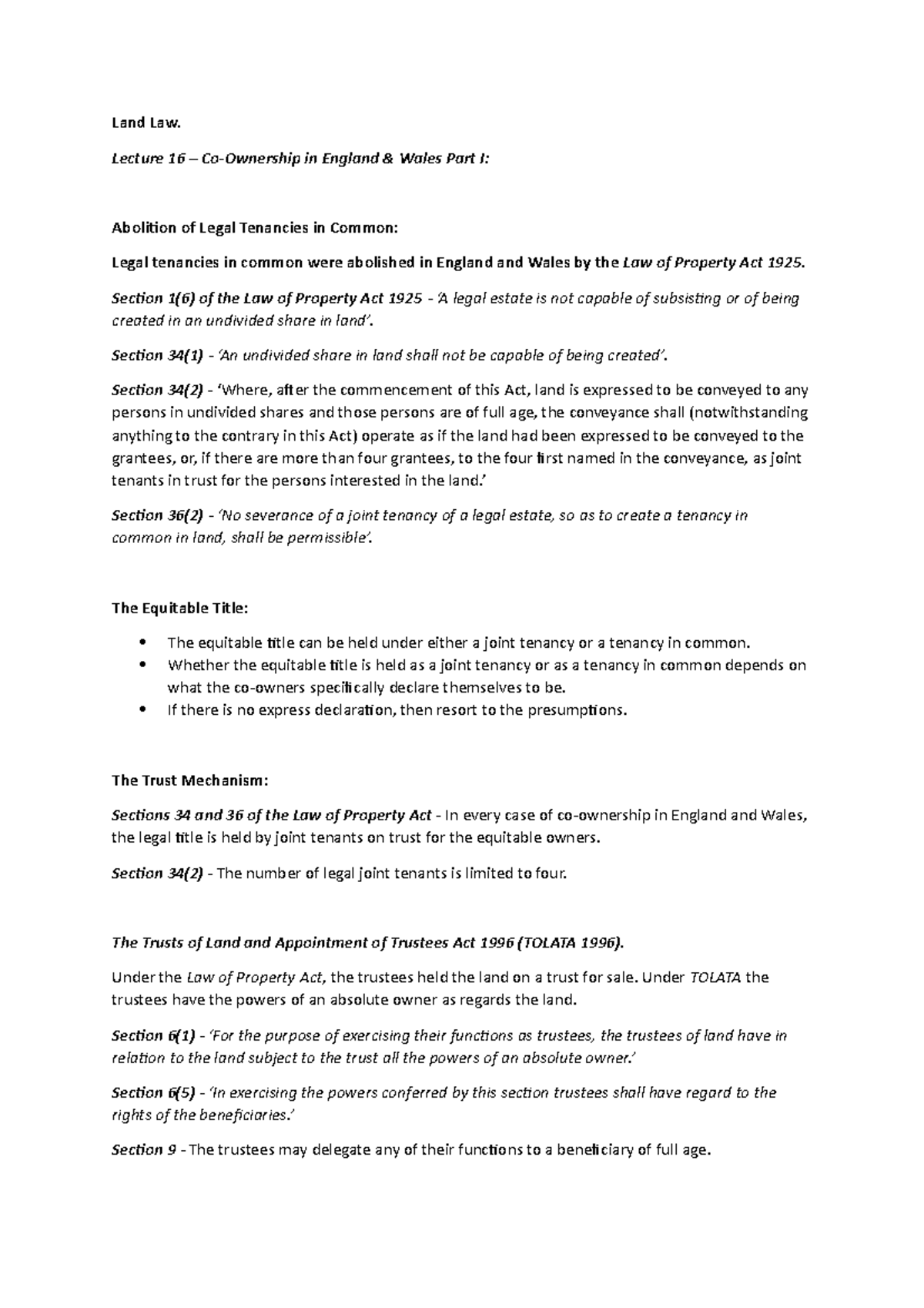 Land Law CoOwnership in England and Wales Part I Land Law. Lecture