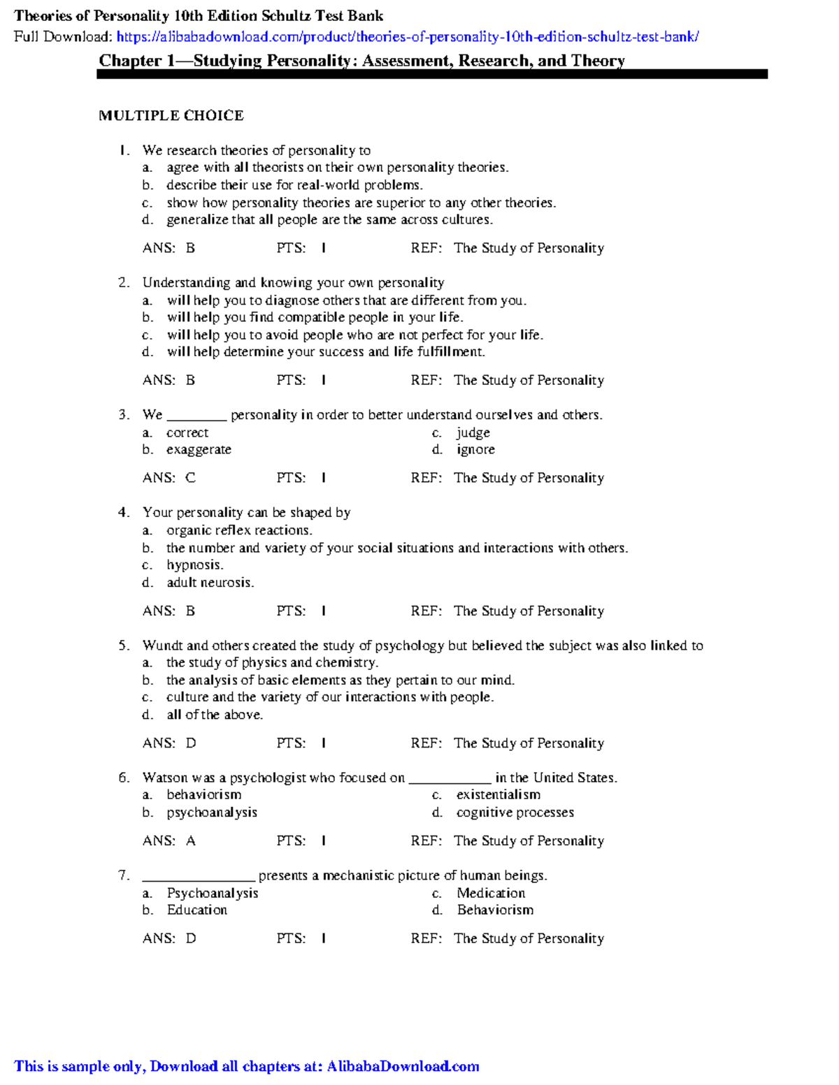 Theories Of Personality 10th Edition Schultz Test Bank - Chapter 1 ...