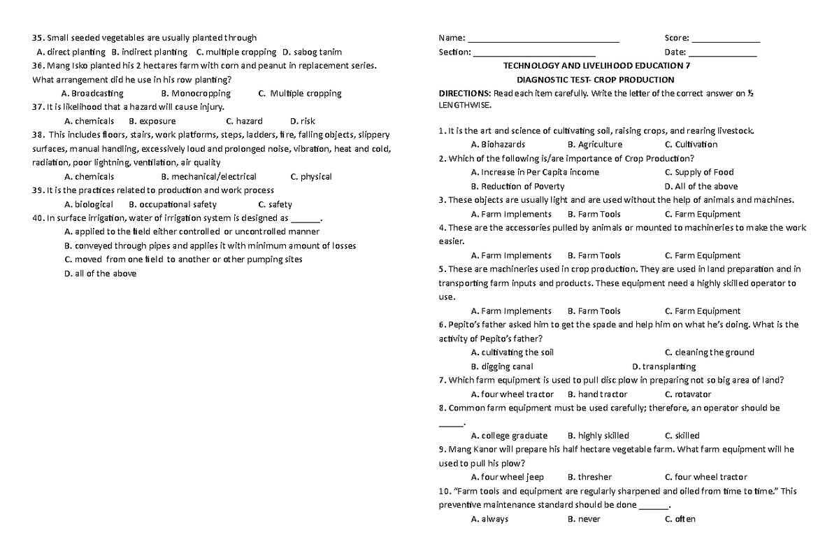 Periodical Test CROP Production 7 - Small seeded vegetables are usually ...