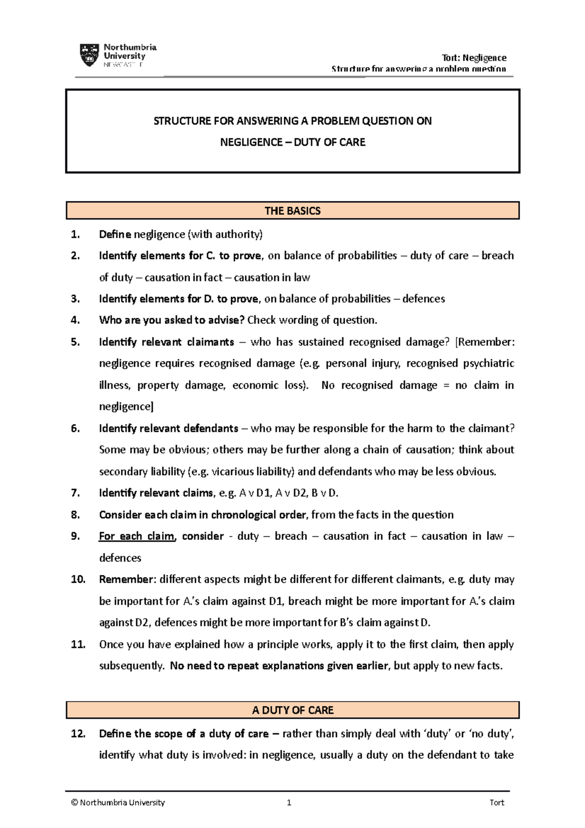 Negligence - Duty of Care - Topic Outline - STRUCTURE FOR ANSWERING A ...