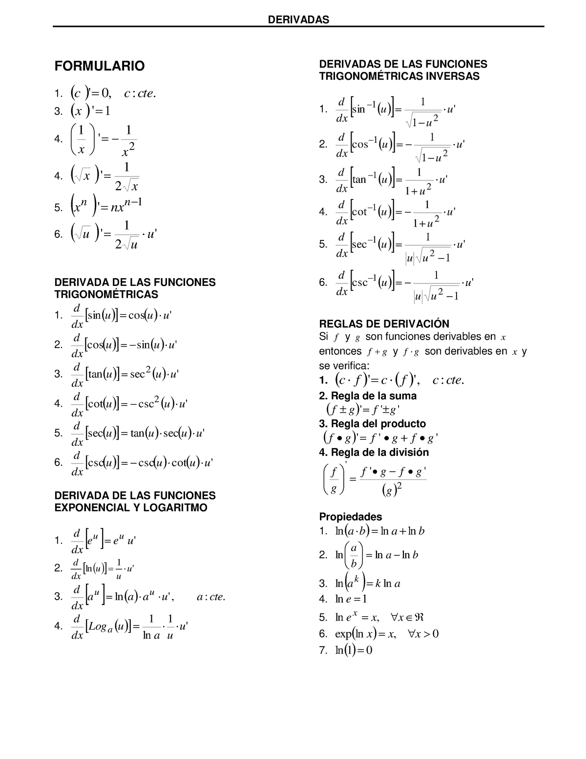 Formulario DE Derivadas - DERIVADAS FORMULARIO 1. C ' 0 , C:cte. 3. X ...