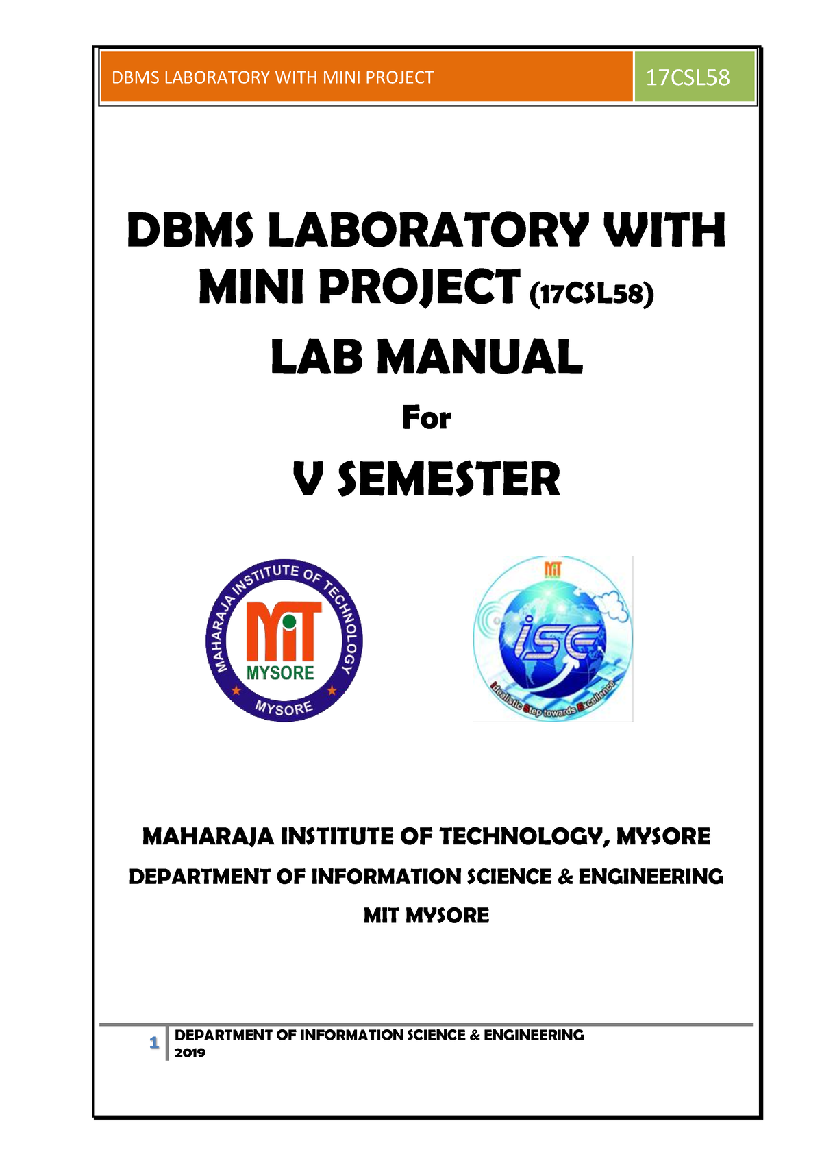 DBMS-lab-manual - 1 DEPARTMENT OF INFORMATION SCIENCE & ENGINEERING ...