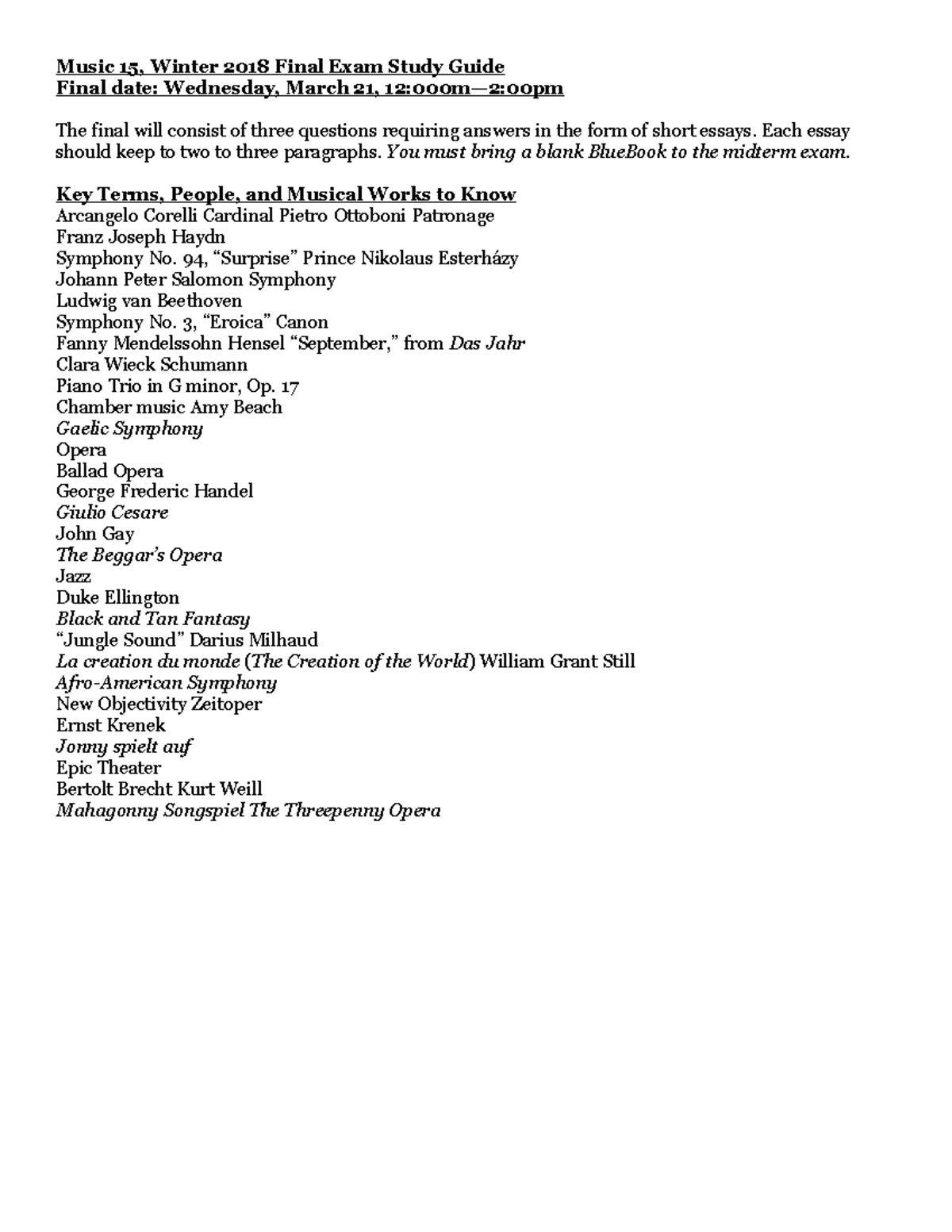 Music 15 Final Study Guide(with answer) - Music 15, Winter 2018 Final ...
