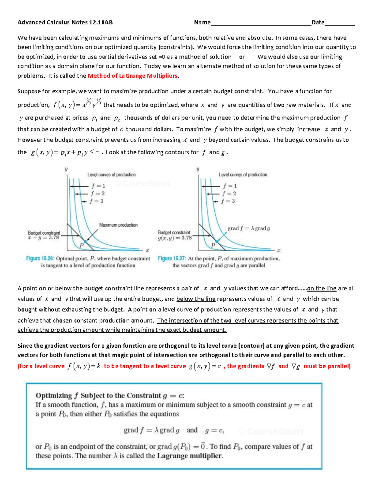 Lagrange Multipliers - Advanced Calculus Notes 12 Name ...