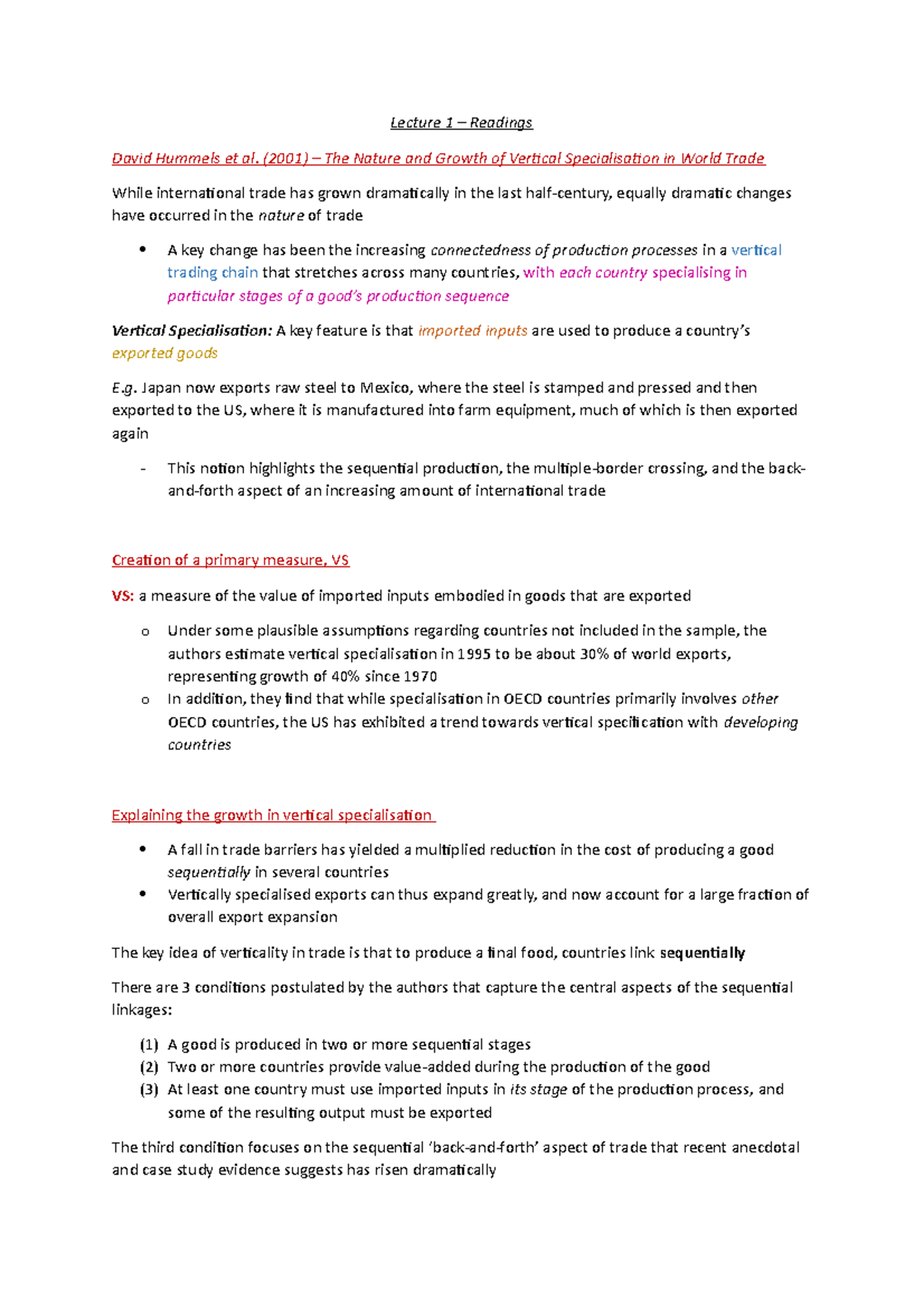 Lecture 1 - Readings - Lecture 1 – Readings David Hummels et al. (2001 ...