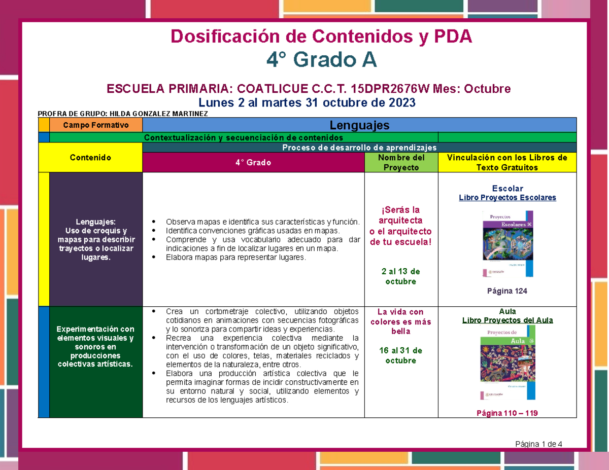 PLAN Octubre Coatlicue - Dosificación de Contenidos y PDA 4° Grado A ...
