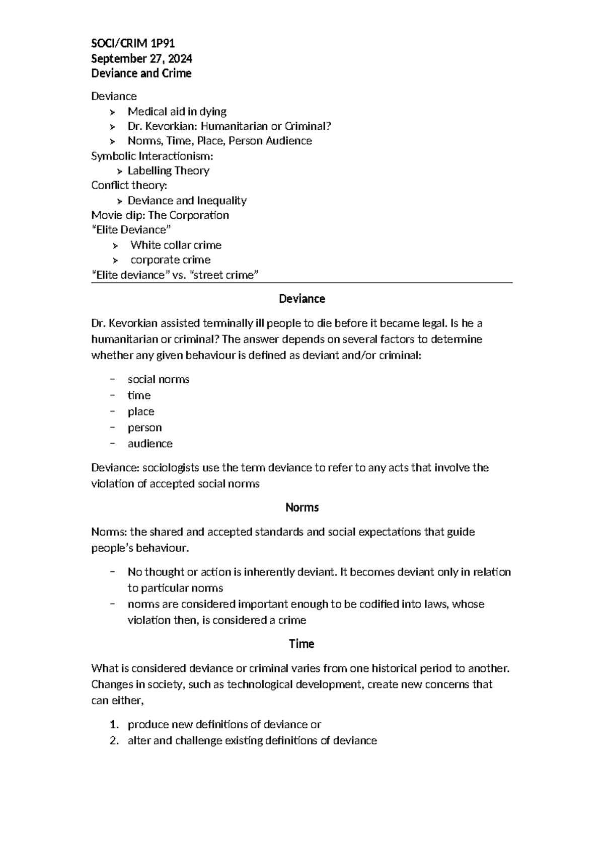 Week 4 SEP 27 Deviance and crime Overview - SOCI/CRIM 1P September 27 ...
