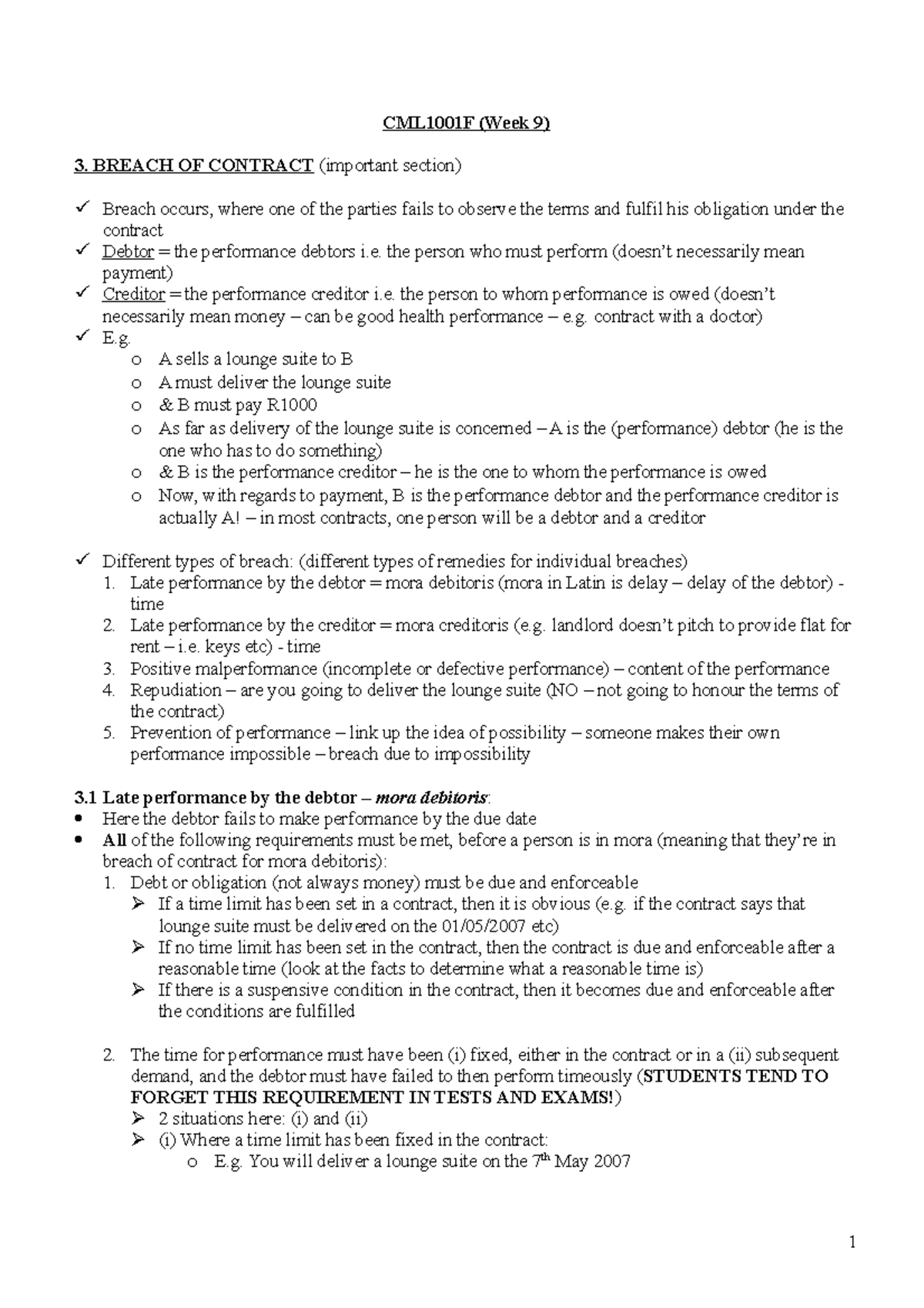 Bus+Law+Notes+-+week+9+ 23+-+26+Apr+07 - CML1001F (Week 9) BREACH OF ...