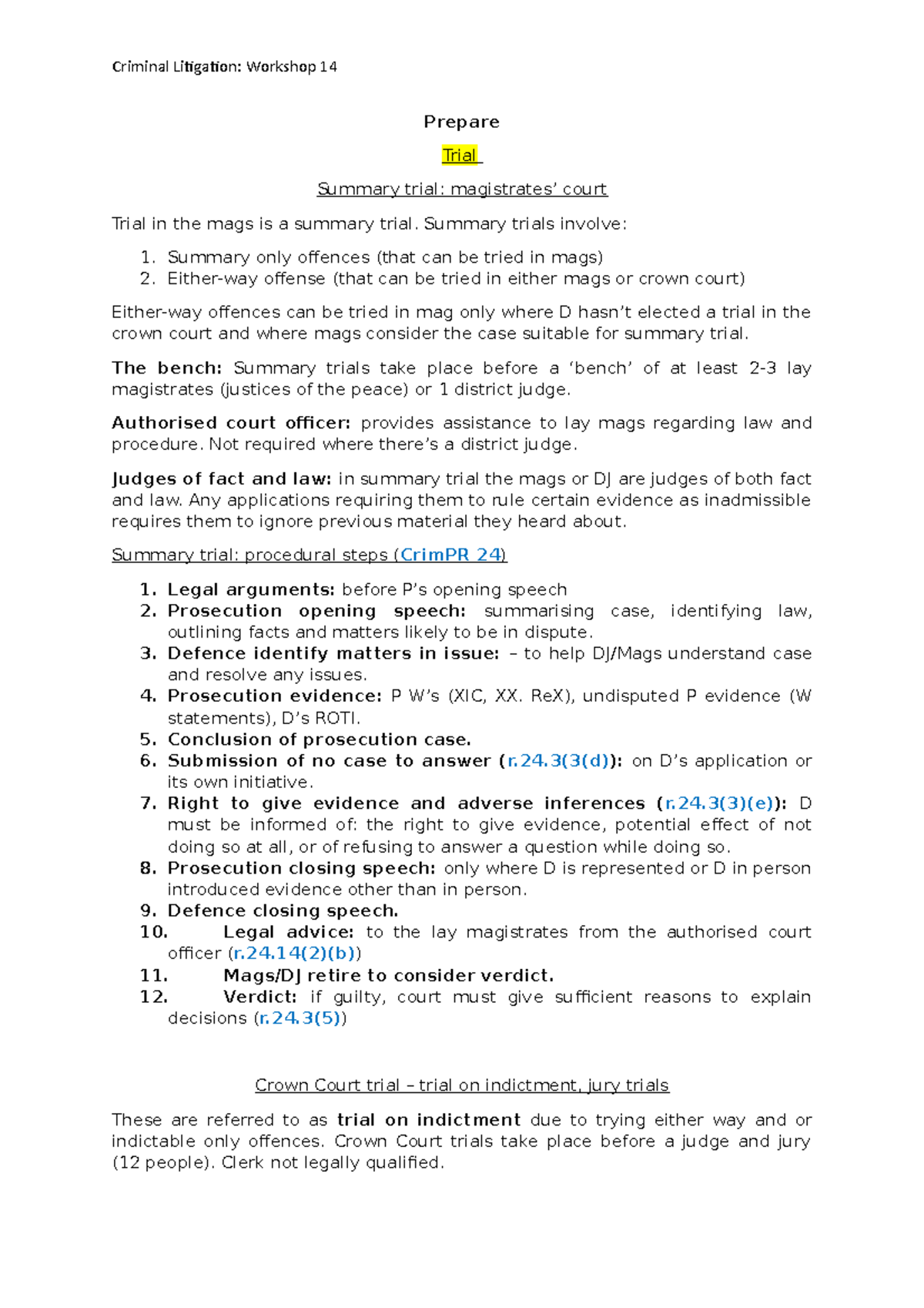 Crime W14 - Prepare/Apply/Collab/Consolidate notes. - Prepare Trial ...