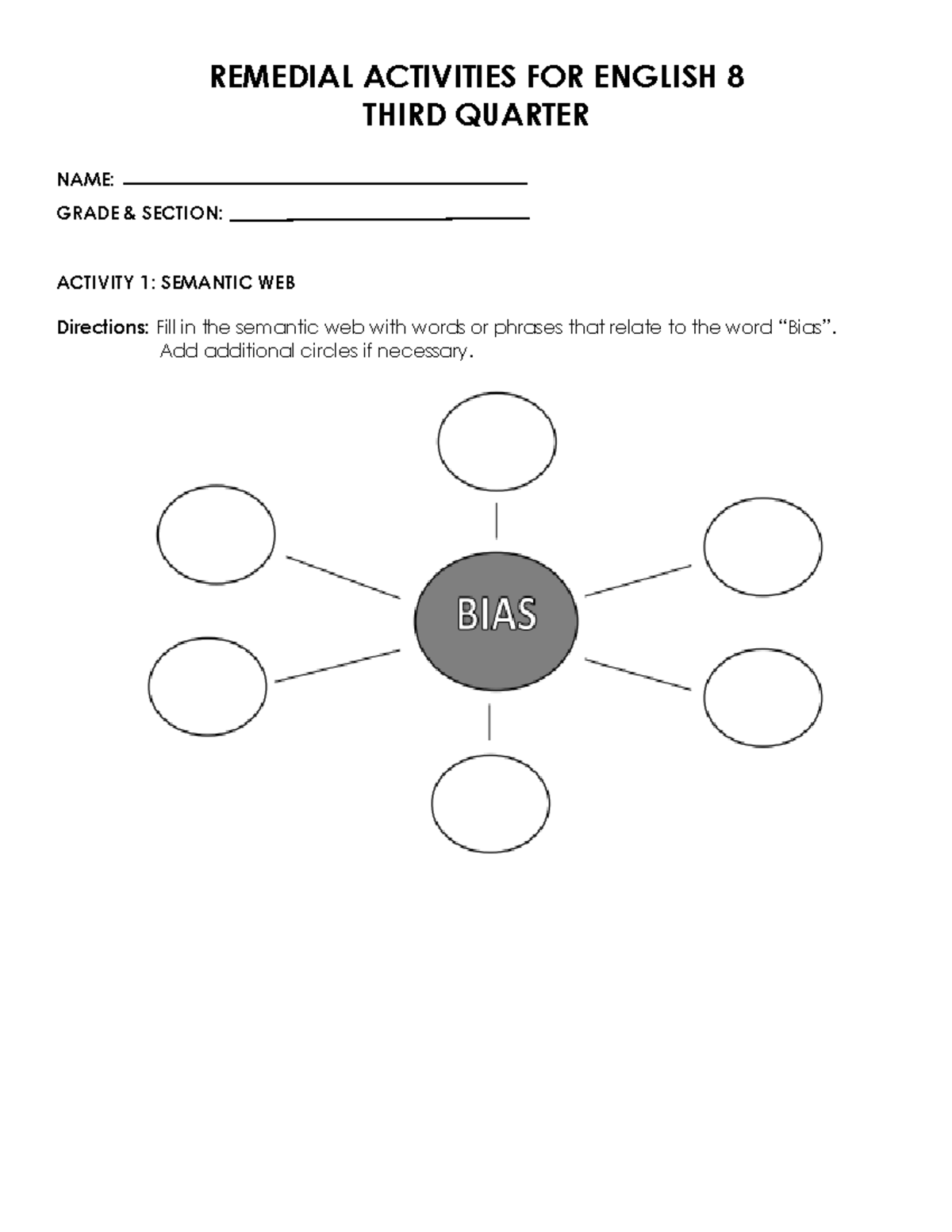 Remedial Activities FOR English 8 - THIRD QUARTER NAME: GRADE & SECTION ...