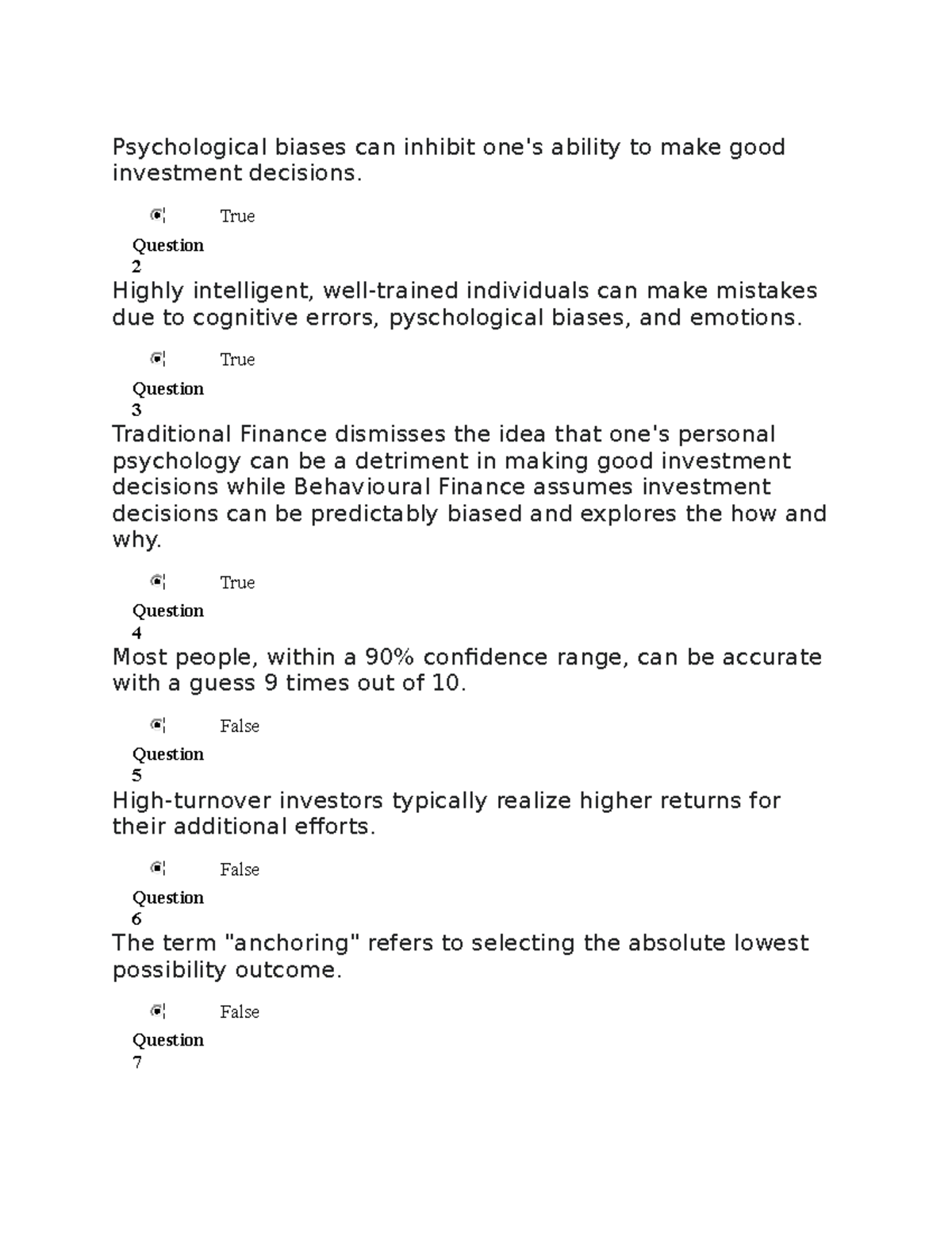 Quiz 1 (BFinance) - Behavioral Finance - Psychological Biases Can ...