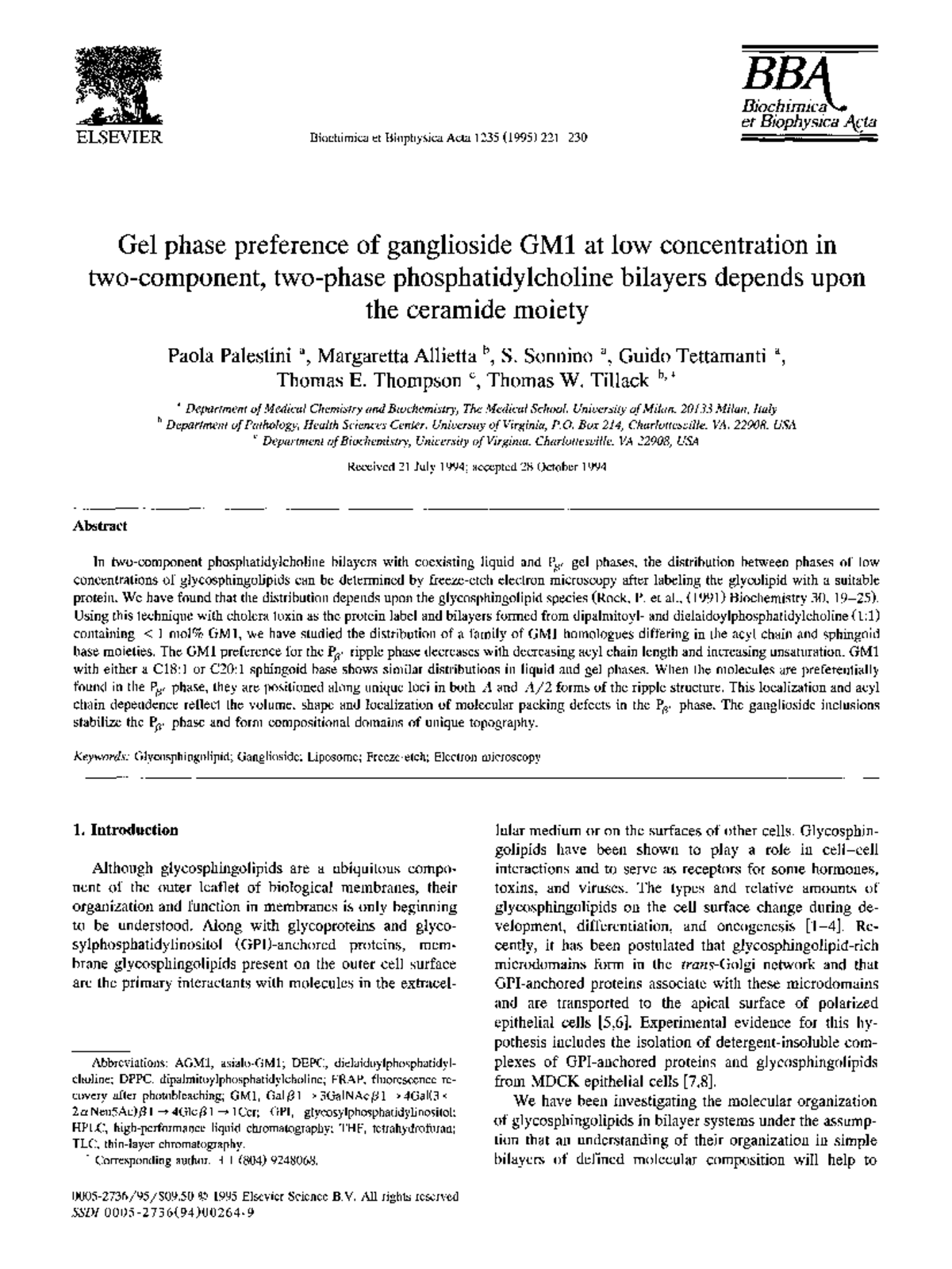 Gel phase preference of ganglioside GM1 - Sonnino a, Guido Tettamanti a ...