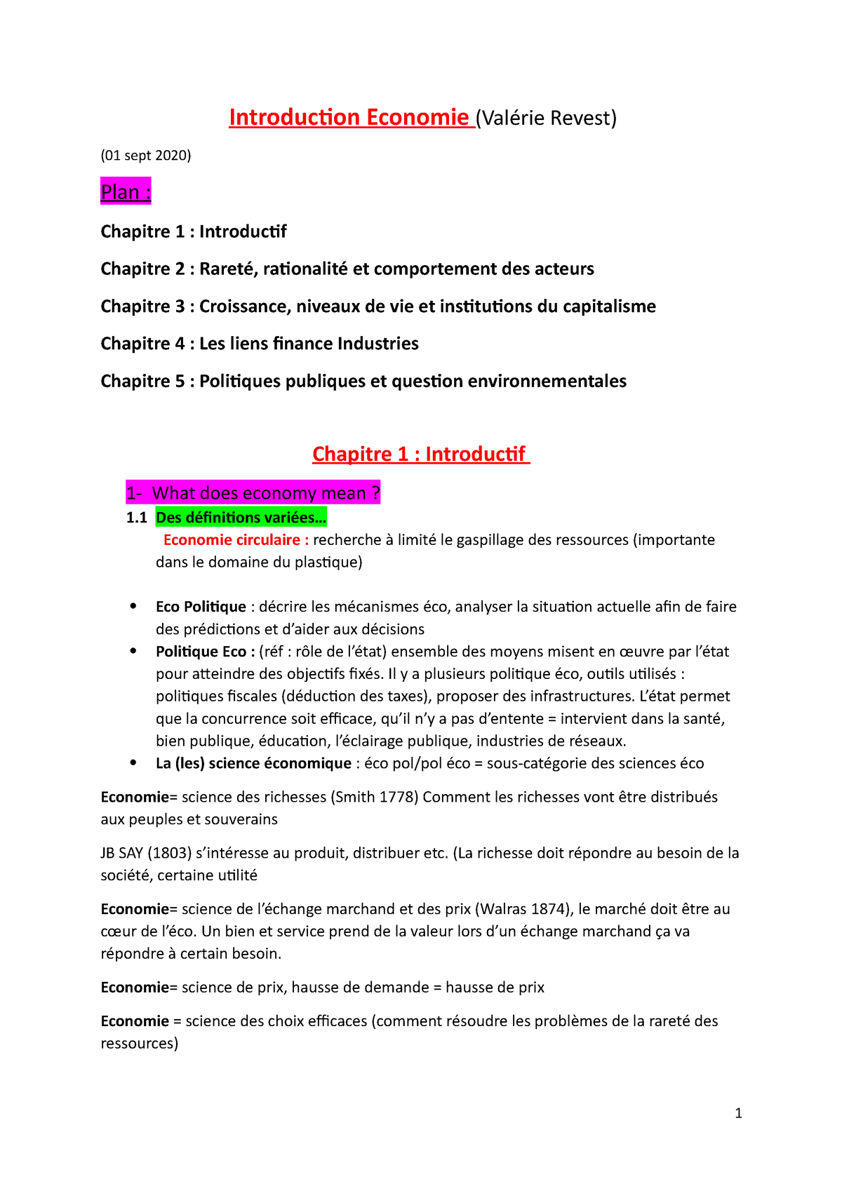 CM Introduction Economie L1 S1 - Introduction Economie (Valérie Revest ...