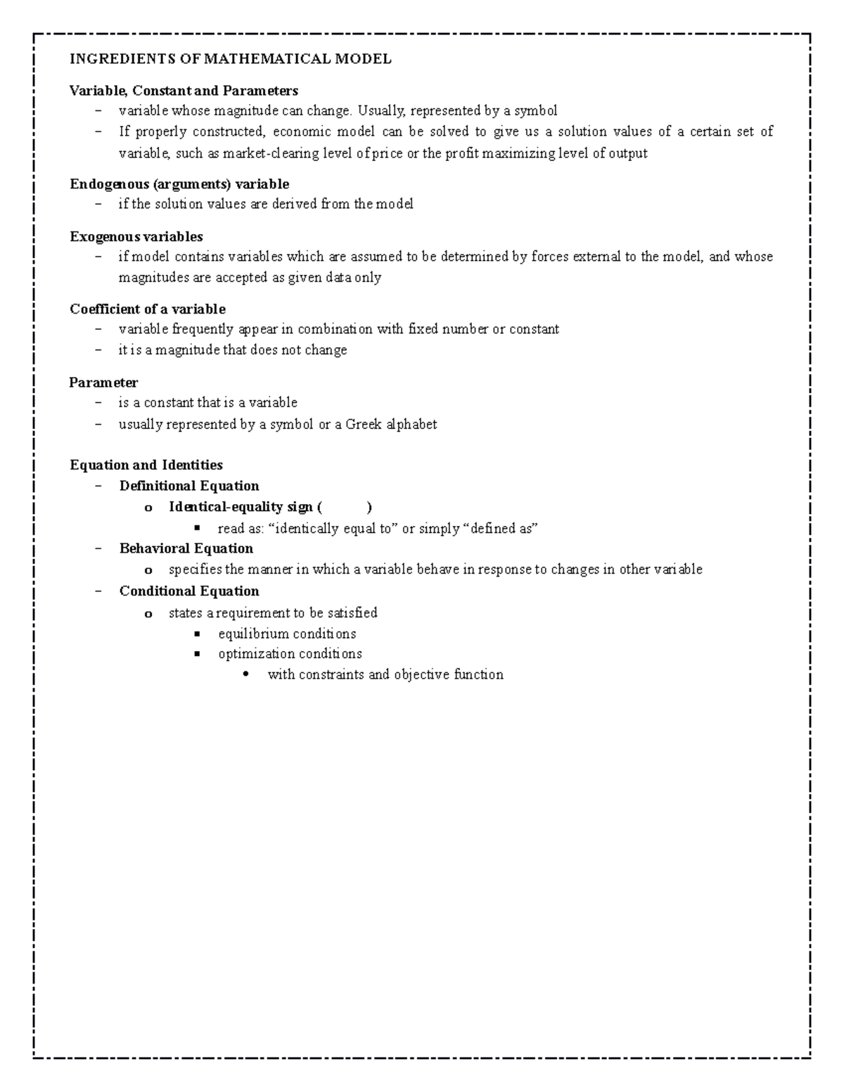 JAN 16 Notes - INGREDIENTS OF MATHEMATICAL MODEL Variable, Constant and ...