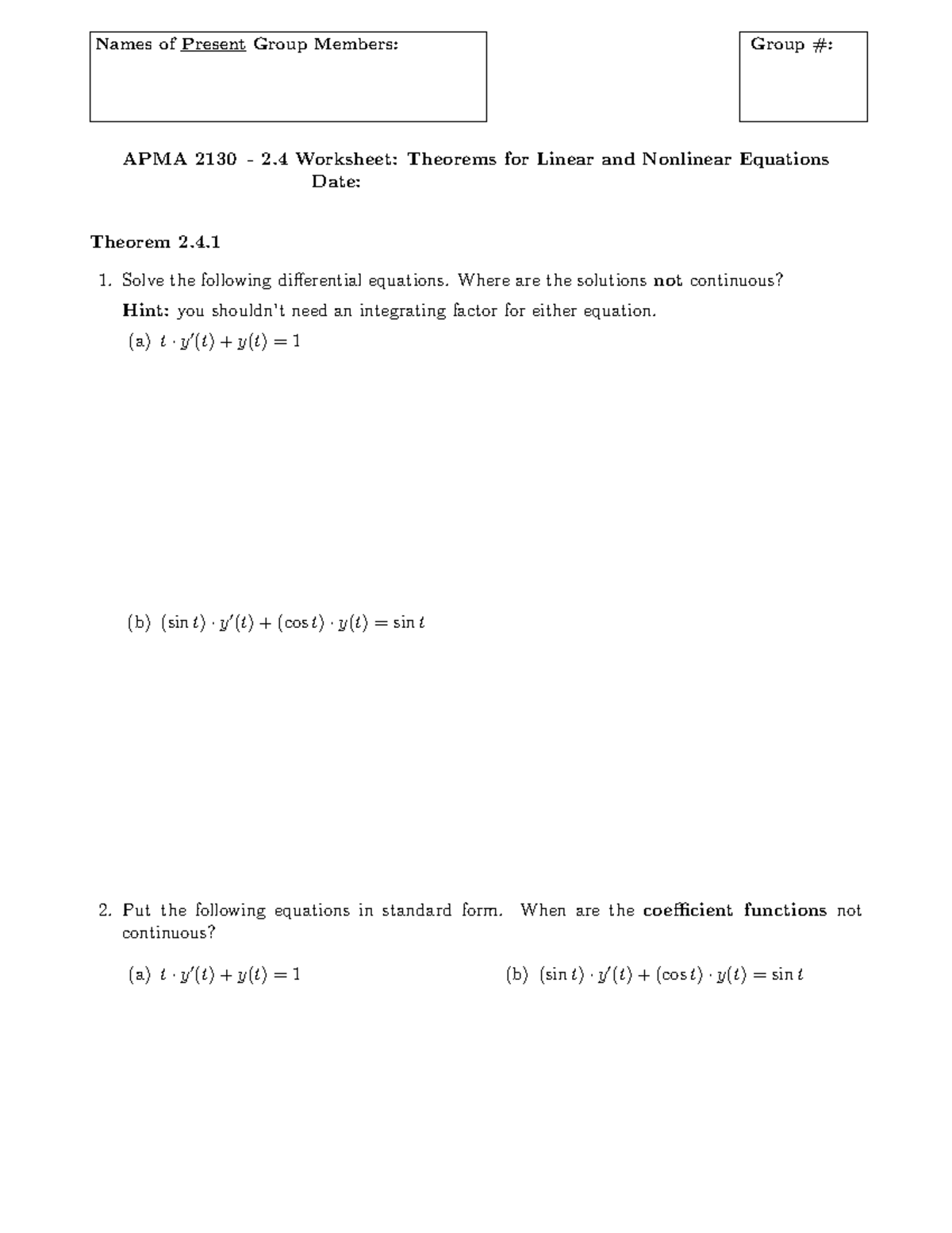 2.4a Theorems for Linear and nonlinear equations - Names of Present ...