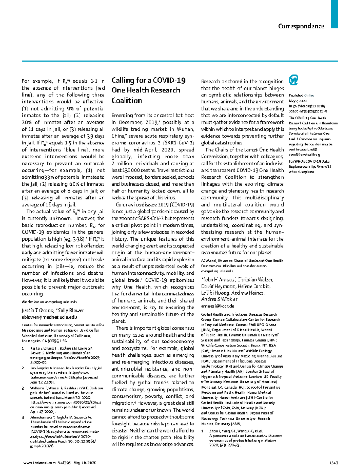 Calling for a Covid-19 One health research coalition - Correspondence ...