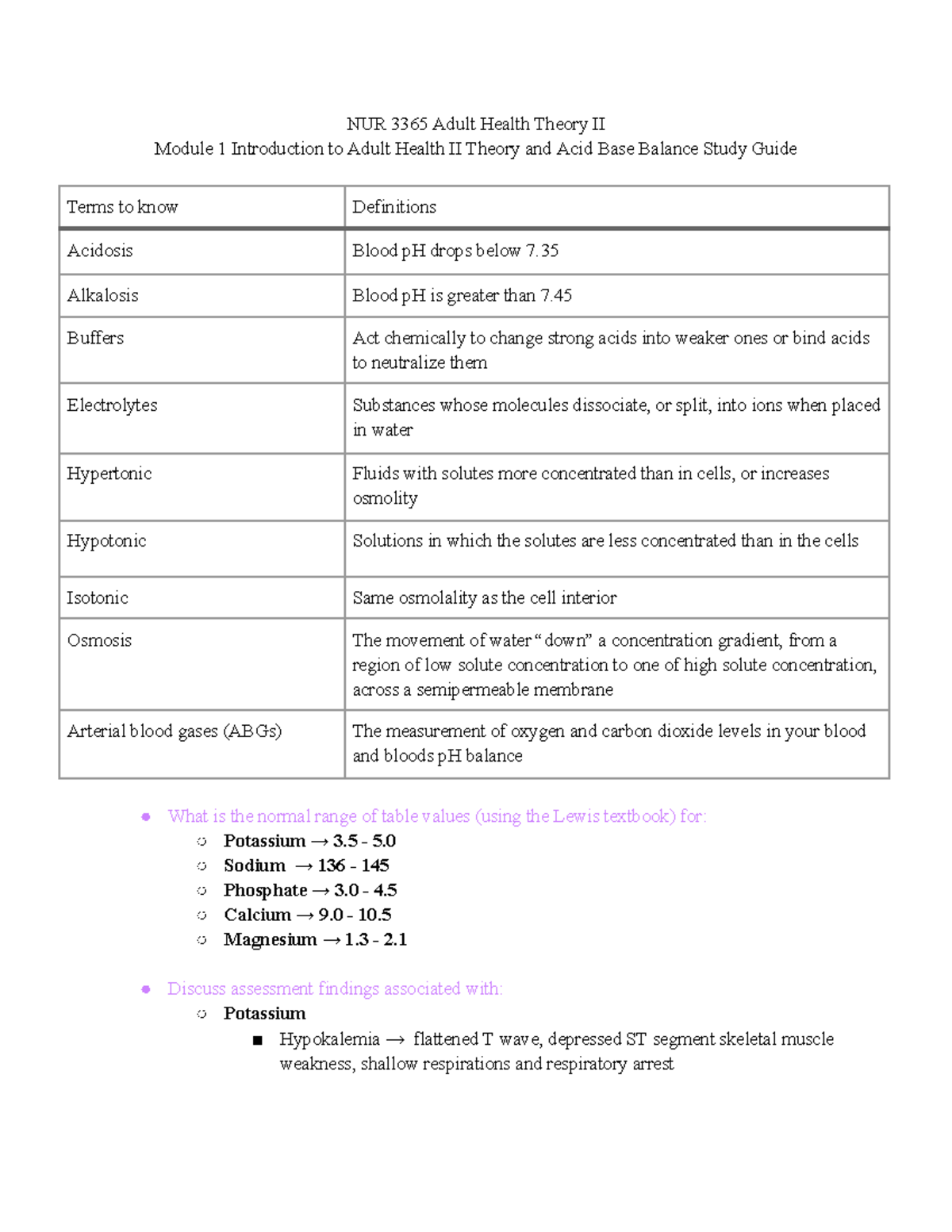 Module 1 Acid Base study guide - NUR 3365 Adult Health Theory II Module ...